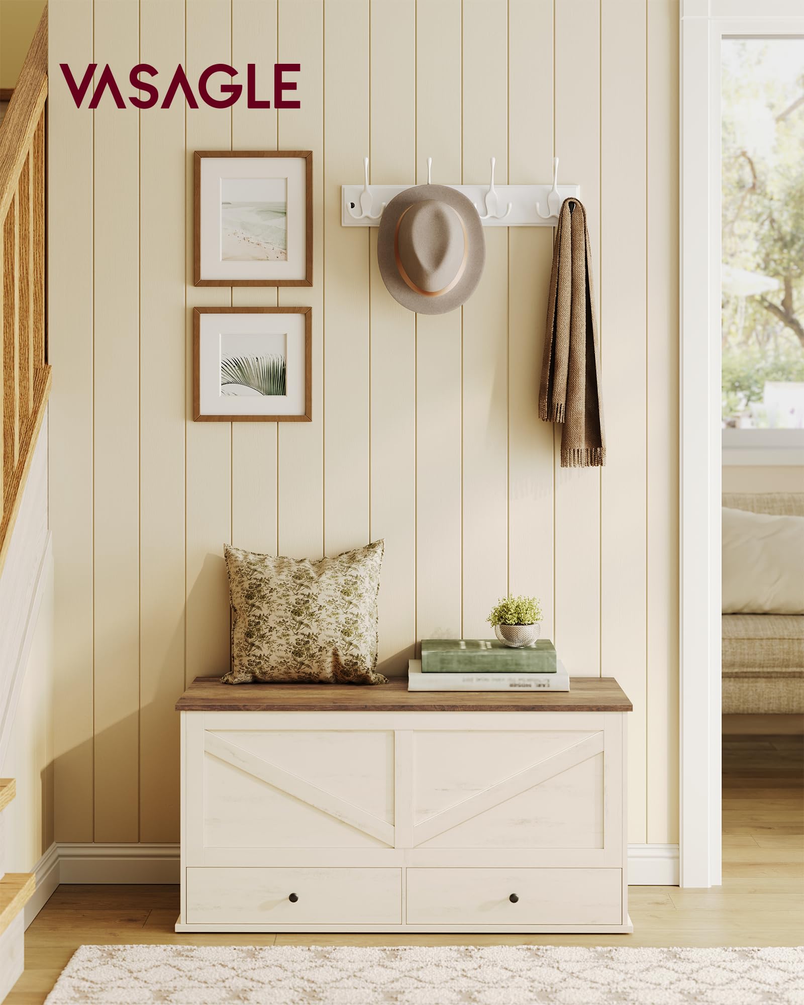 Farmhouse Storage Bench with 2 Fabric Drawers