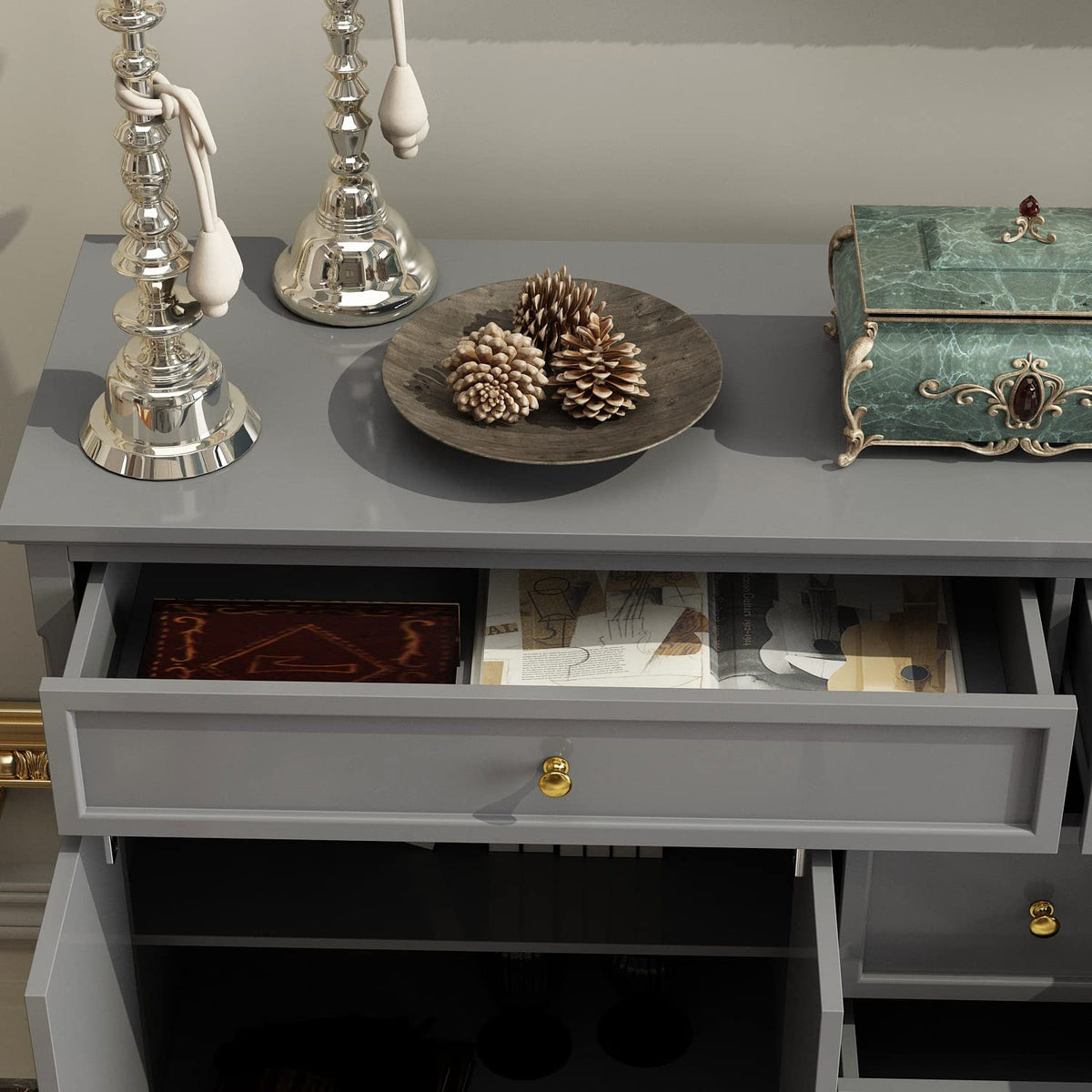 AIEGLE Grey Kitchen Sideboard Buffet Cabinet with 4 Doors & 5 Drawers, 59.1" W Large Storage Cabinet Console Table Entryway Cupboard, Wood Buffet Server Bar for Dining Living Room