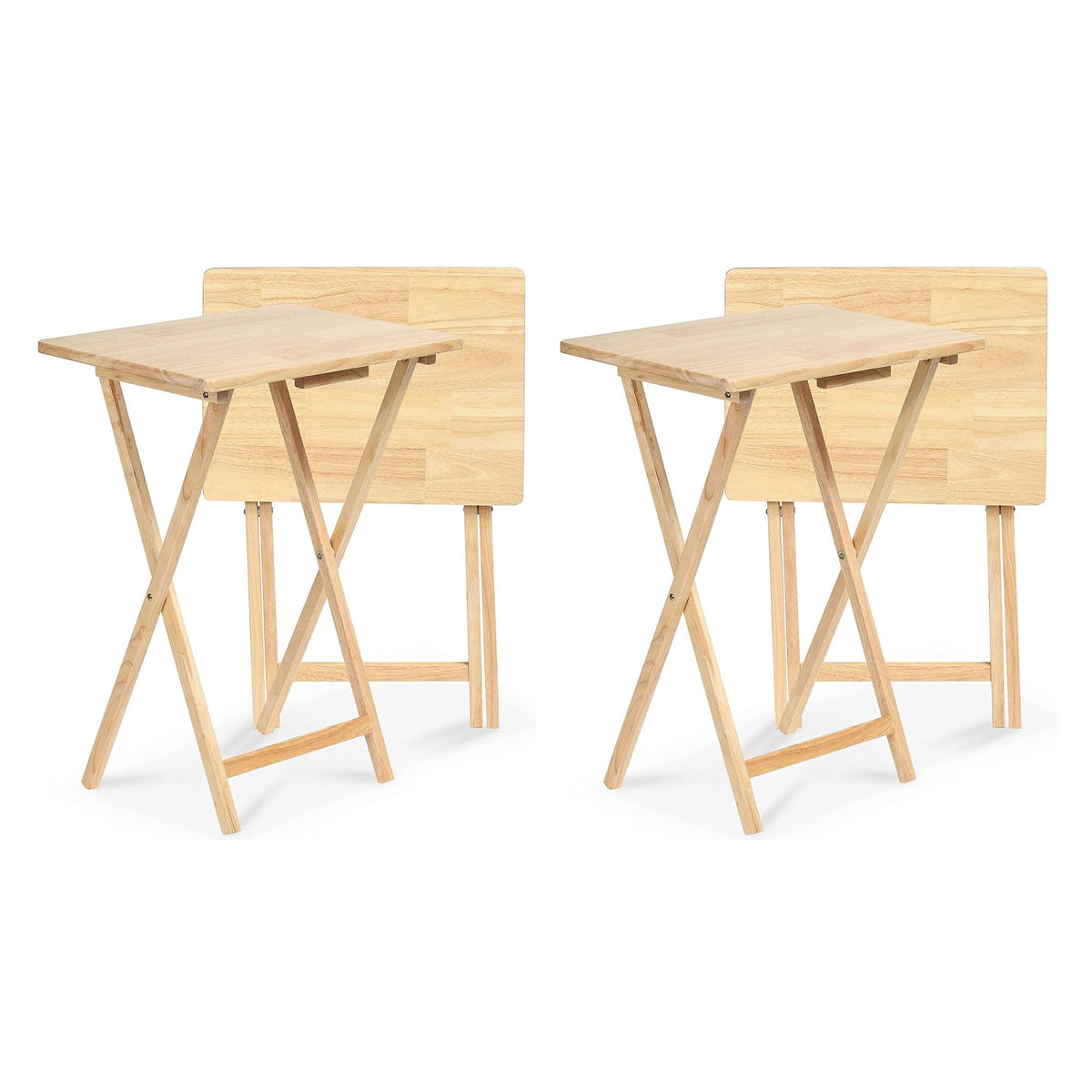 PJ Wood Folding Portable TV Snack Tray Table w/ Natural Finish, 4-Piece Set