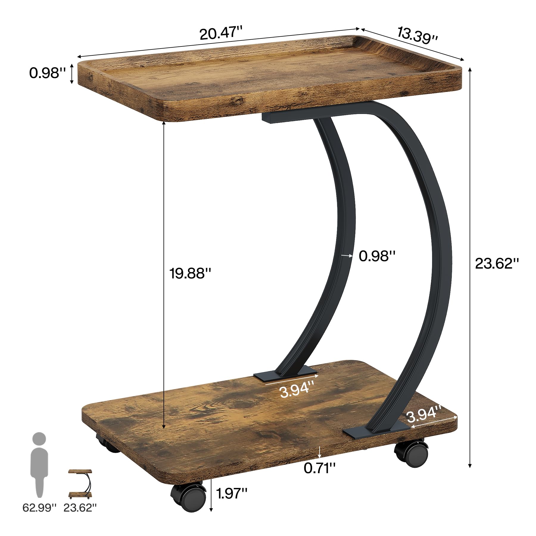 C-Shaped End Table Set of 2 with Wheels