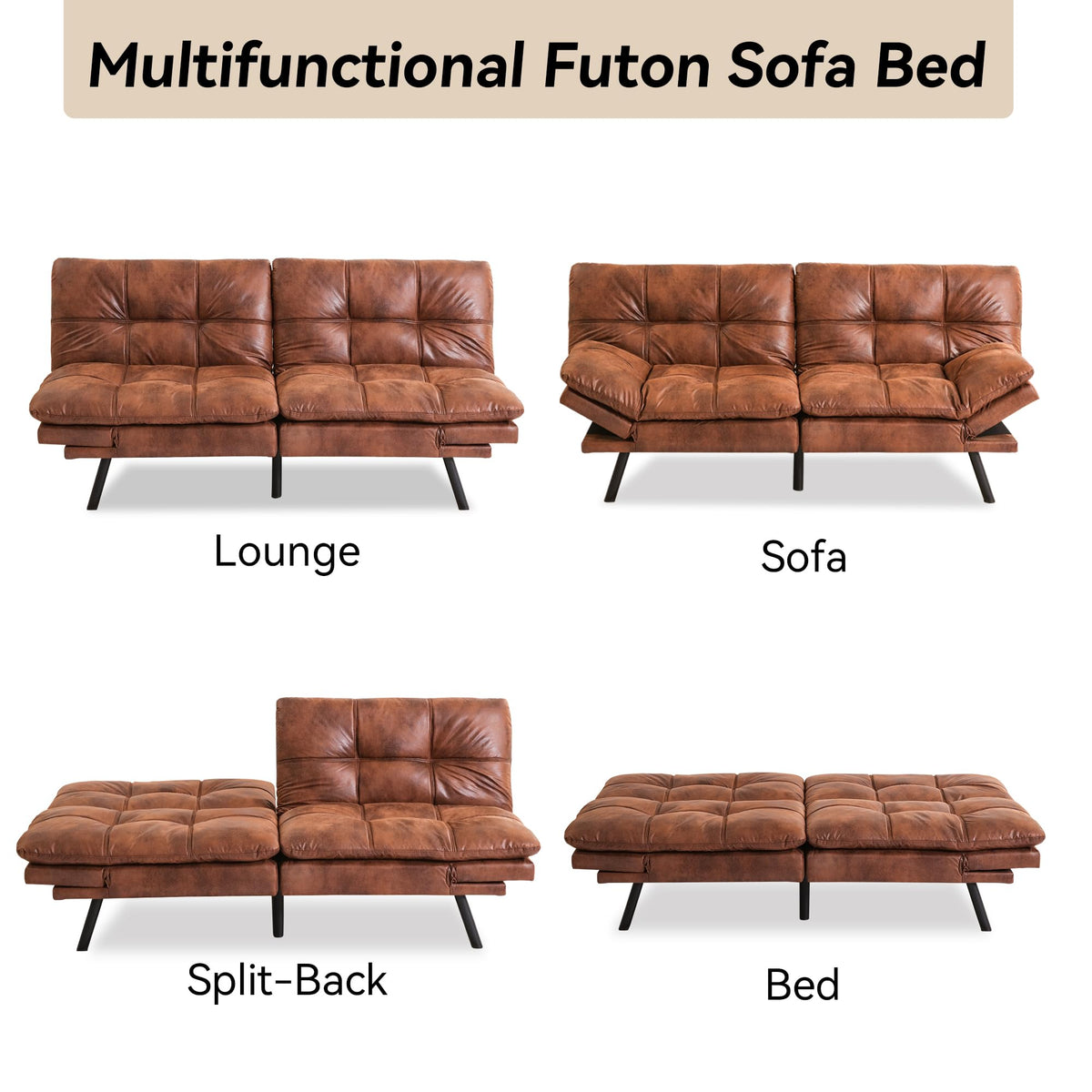AMICLIBER 71" Convertible Futon Sofa Bed,Brown Faux Leather Futon Couch