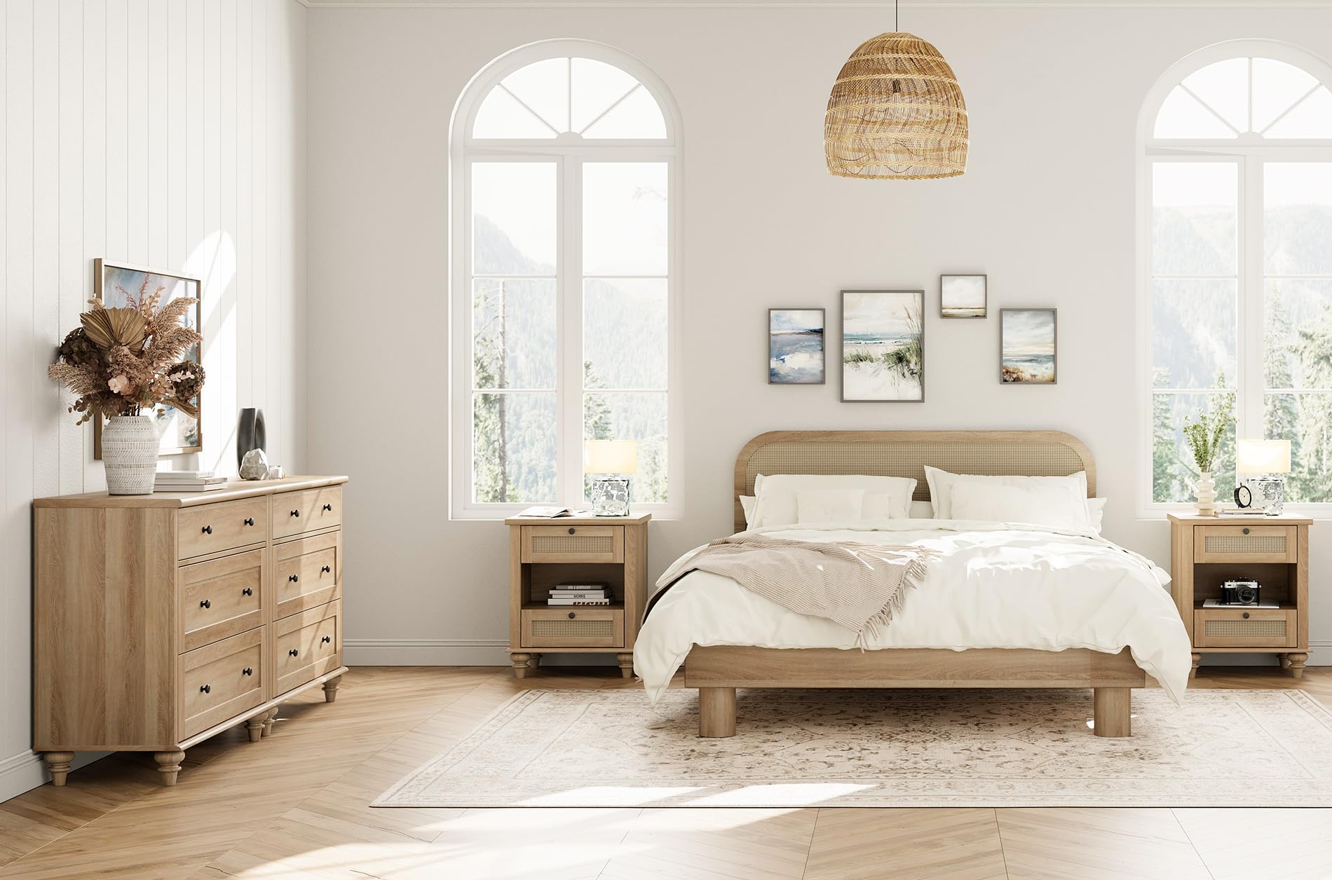 WAMPAT 4 Piece Dresser and Nightstand Sets - Includes Two Farmhouse 3 Drawer Dressers for Bedroom, Set of 2 Side Tables Bedside Table with Charging Station, 4 Piece Bedroom Set, Oak