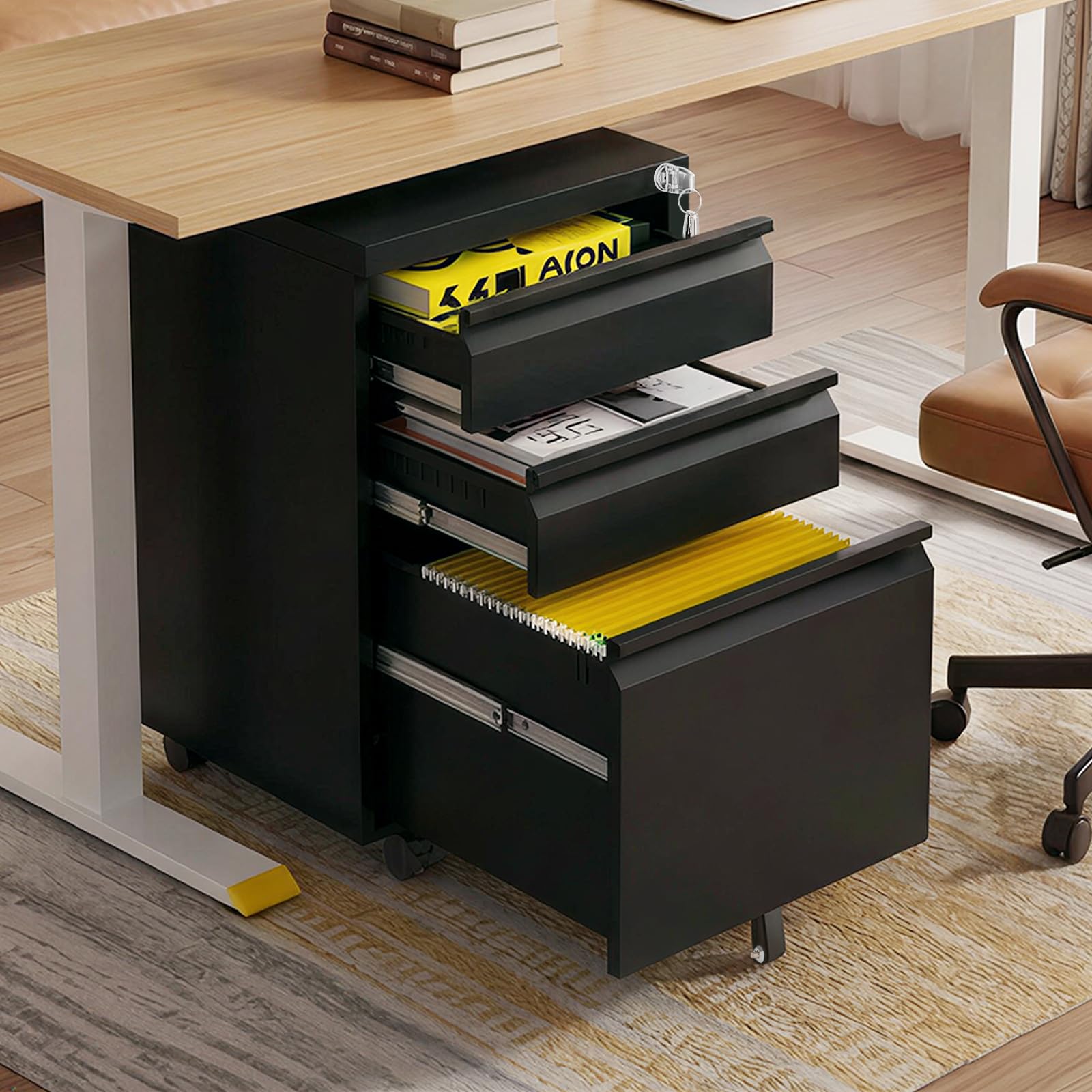 3-Drawer Locking Metal Filing Cabinet with Wheels