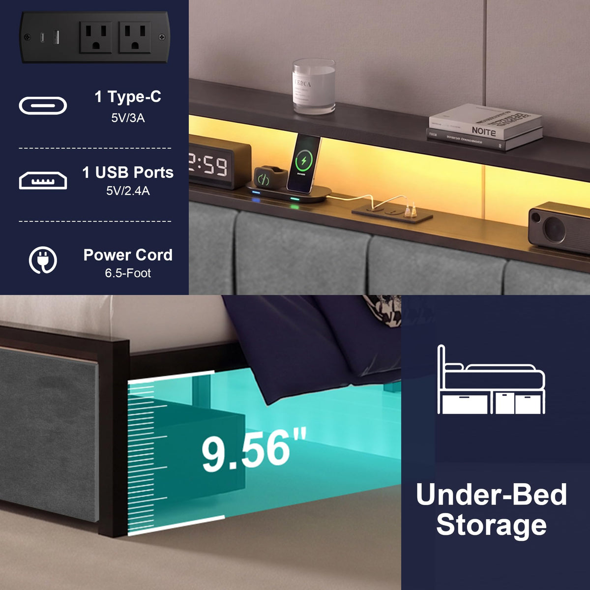 Aelawe Full Bed Frame with 2 Storage Drawers, Metal Platform Bed with LED Lights and Charging Station, Upholstered Headboard with 2-Tier Storage Shelf, Noise Free, No Box Spring Needed