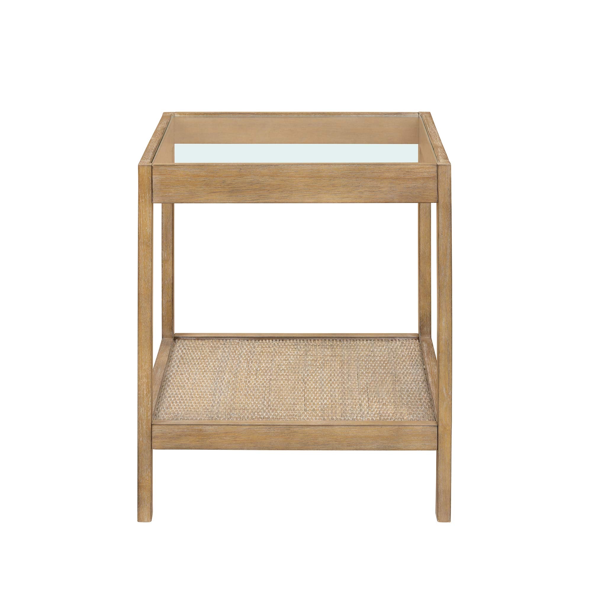 Glass Top End Table with Rattan Shelf