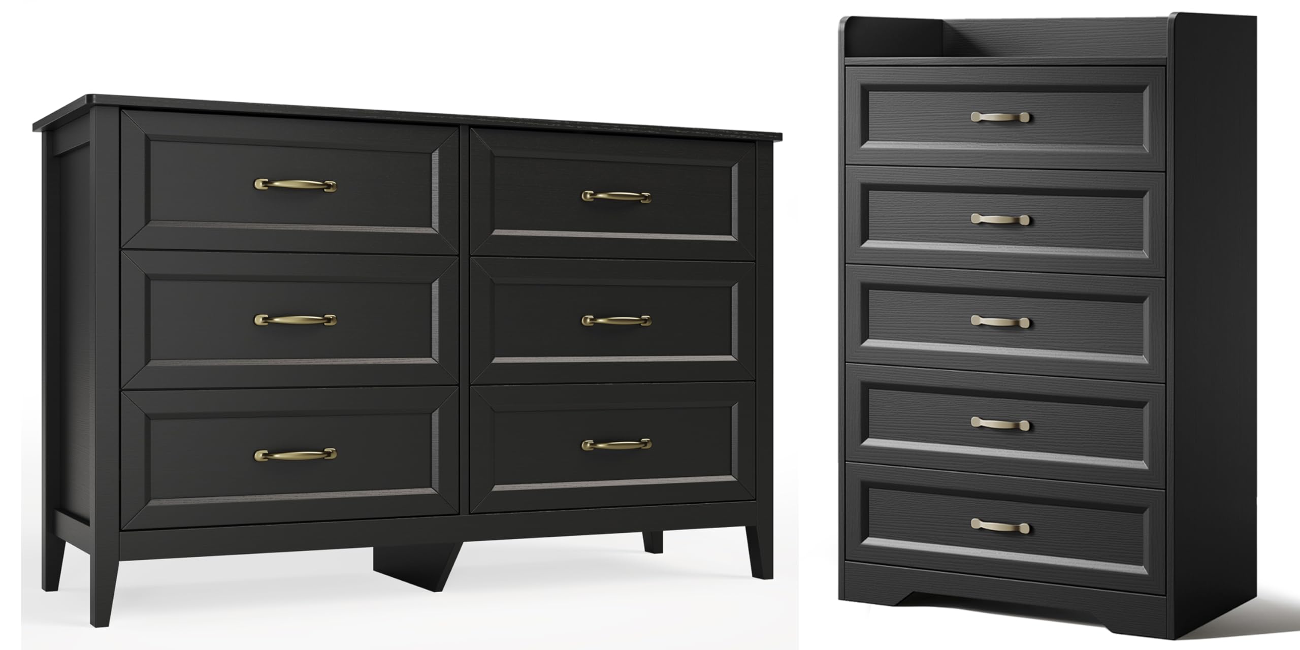 Gizoon 2-Piece Bedroom Furniture Set, 2-PC Dresser Set for Bedroom, Includes a 5 Drawer Dresser and a 6 Chest of Drawers, with Smooth Rail, Handles, Anti-Tipping, Large Storage Space, Black