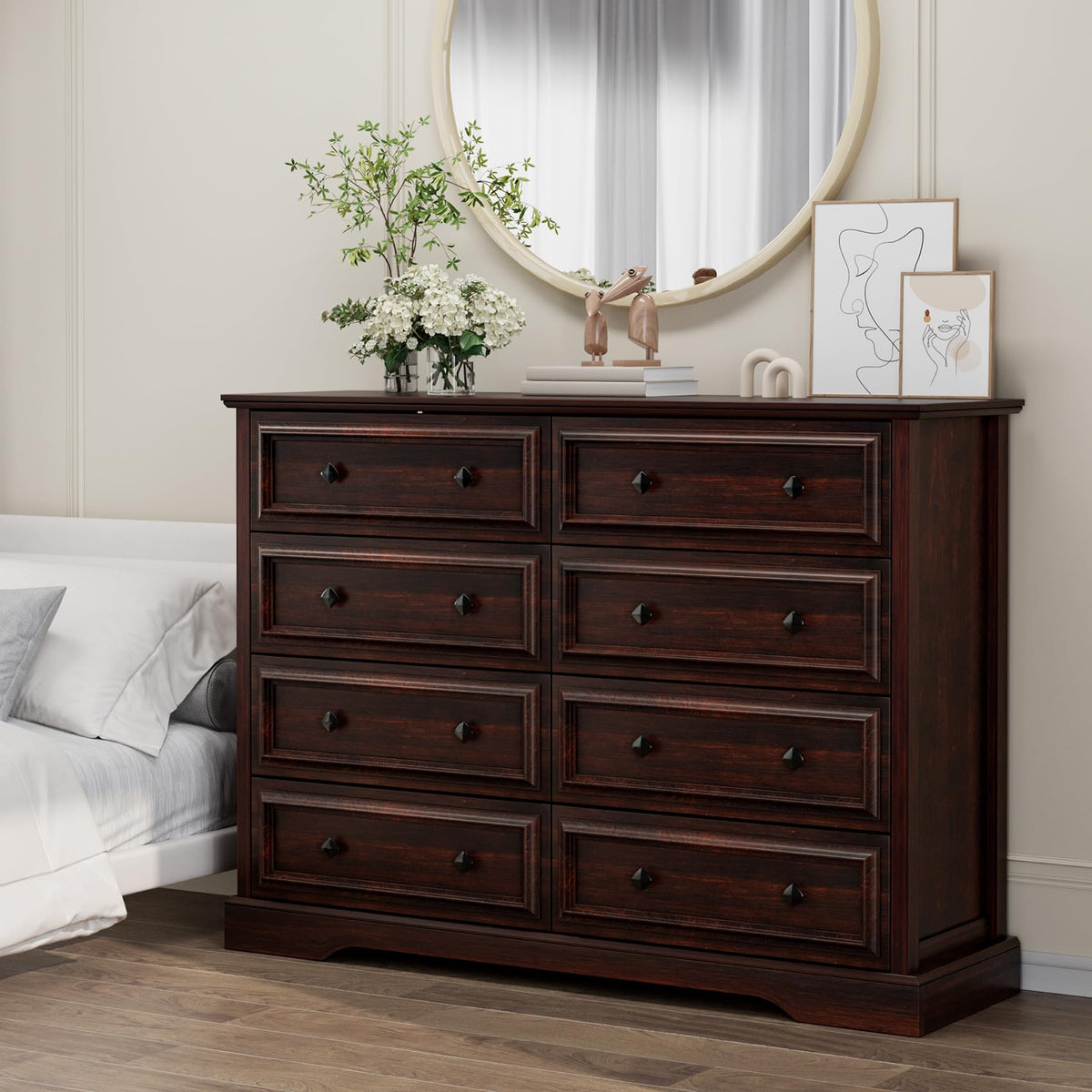 VVFLU Farmhouse 8 Drawer Dresser for Bedroom, 54" Wide Wood Dresser with Natural Texture, Vintage Metal Double Hand Knobs, Rustic Chest of Drawers for Bedroom, Living Room, Hallway, Cherry