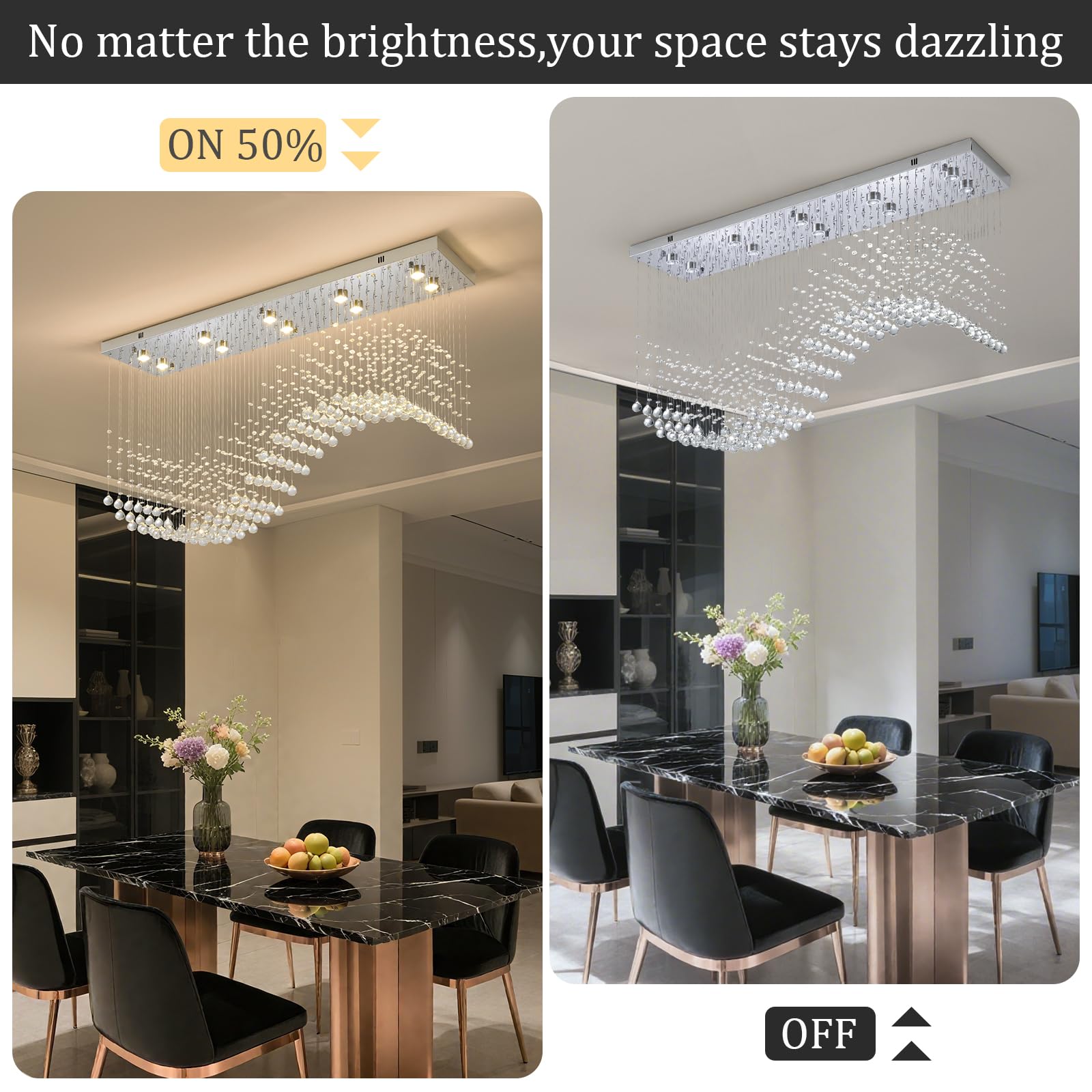 Modern Rectangle Crystal Raindrop Chandelier: 47" Long Chrome Dimmable Led High Ceiling Chandeliers with Remote - Silver Wave Raindrop Flush Mount Ceiling Light Fixture for Dining Living Room Kitchen