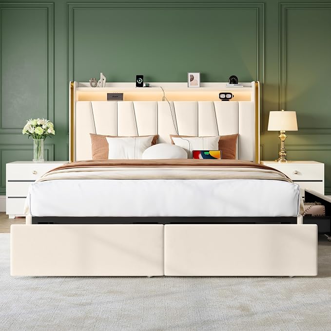 King Upholstered Storage Bed with LED Headboard