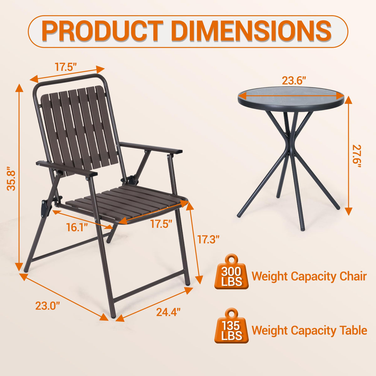 3-Piece Folding Bistro Set, Space-Saving, Waterproof Chairs & Table, Brown