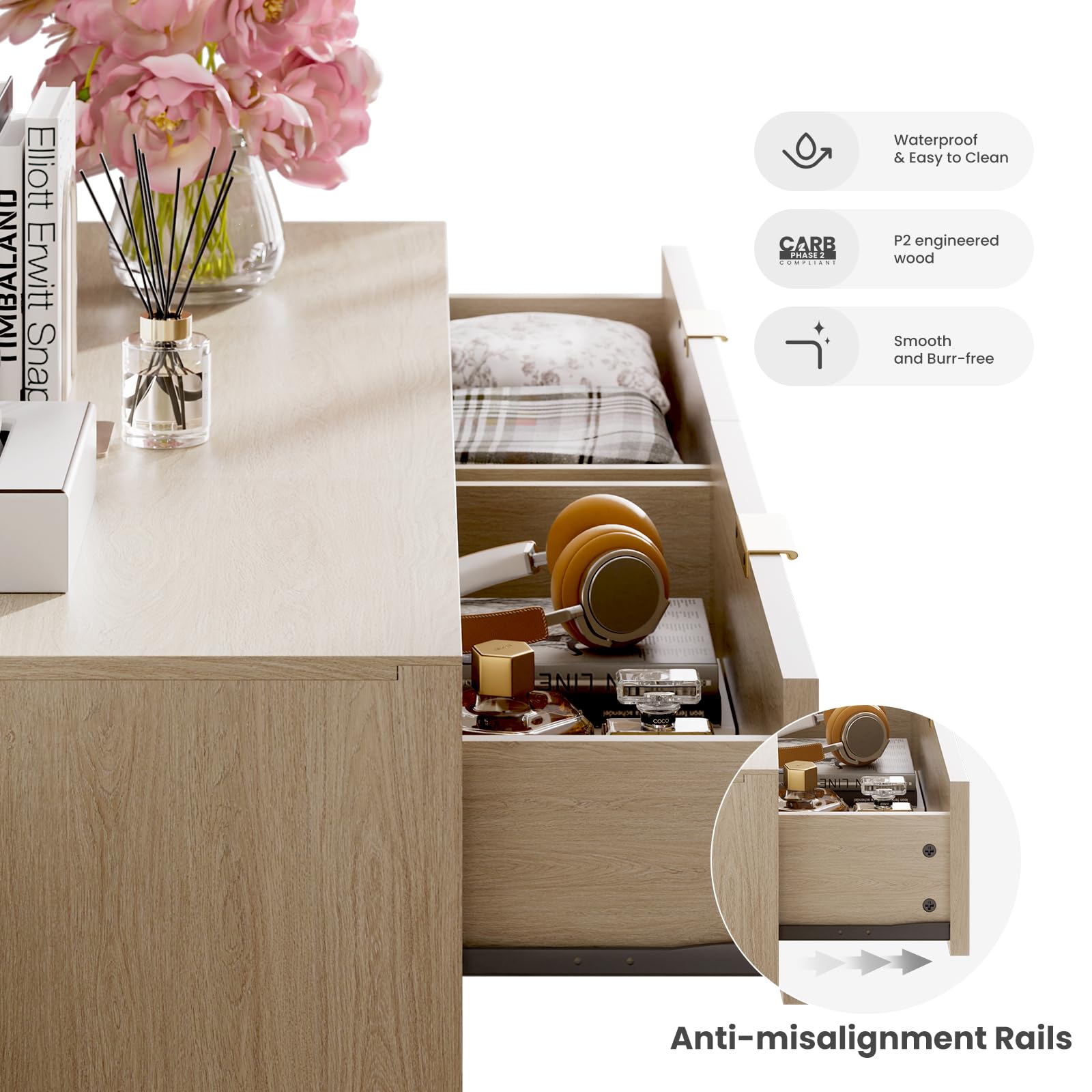 6-Drawer Fluted Dresser with Metal Handles