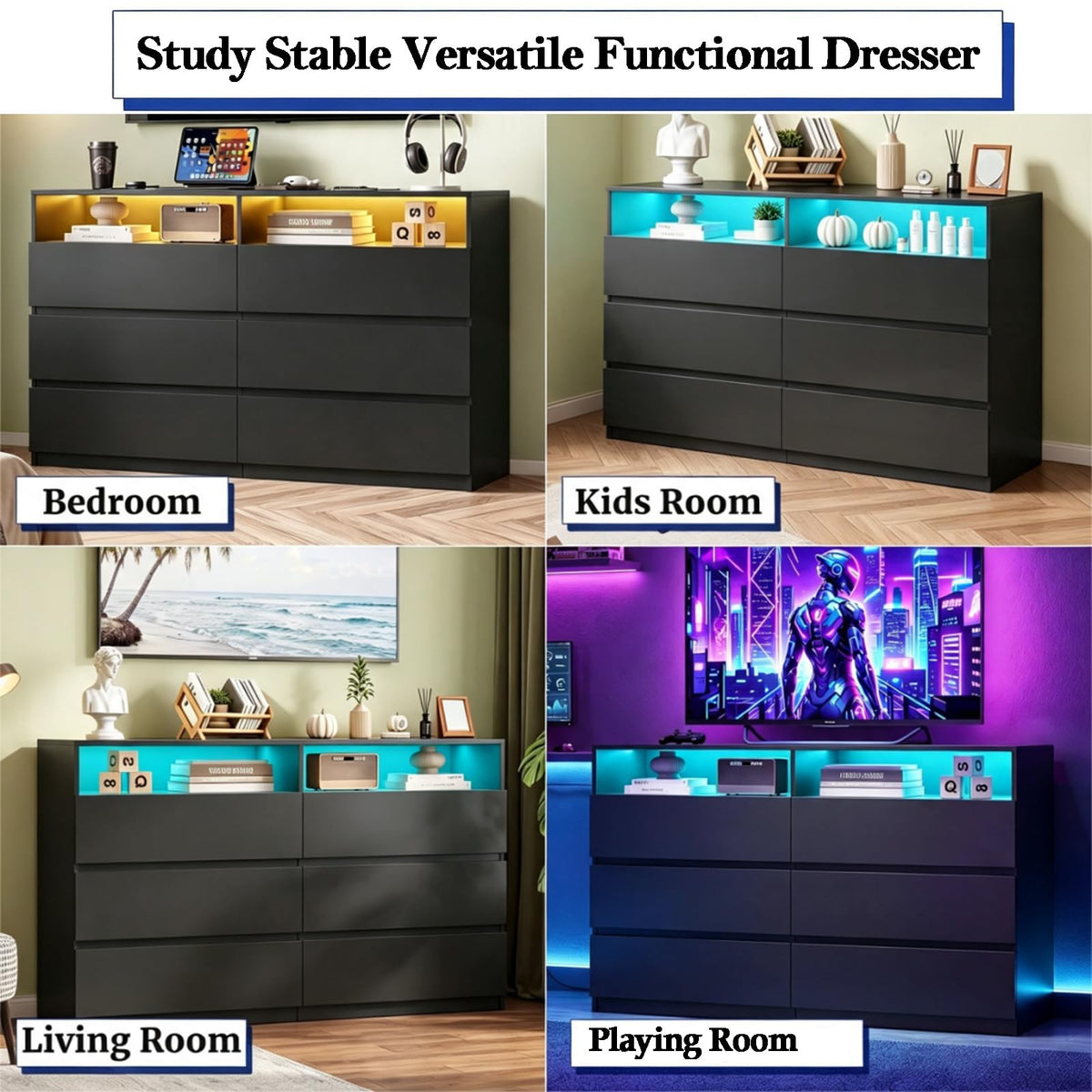 Premium 6 Drawers 2 Shelves 47"L Bedroom Black Dresser with RGB Lights