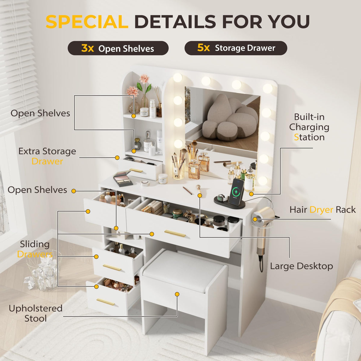 Otterease 35" Makeup Vanity Desk with LED Mirror, Storage Stool, White