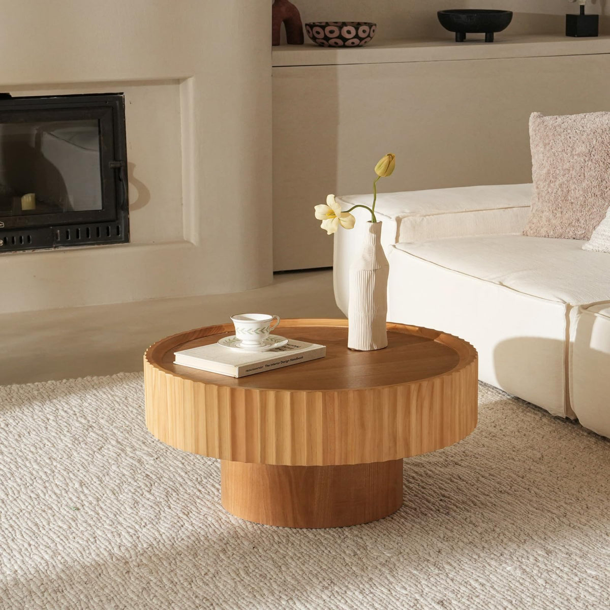 Veihaus Round Coffee Table, 31.8” Coffee Table with Storage, Fluted Drum Modern Living Room Table, Mushroom Shape Wood Center Tables, Coffee Tables for Living Room(31.8''L×13.7''H,Nature Wood)