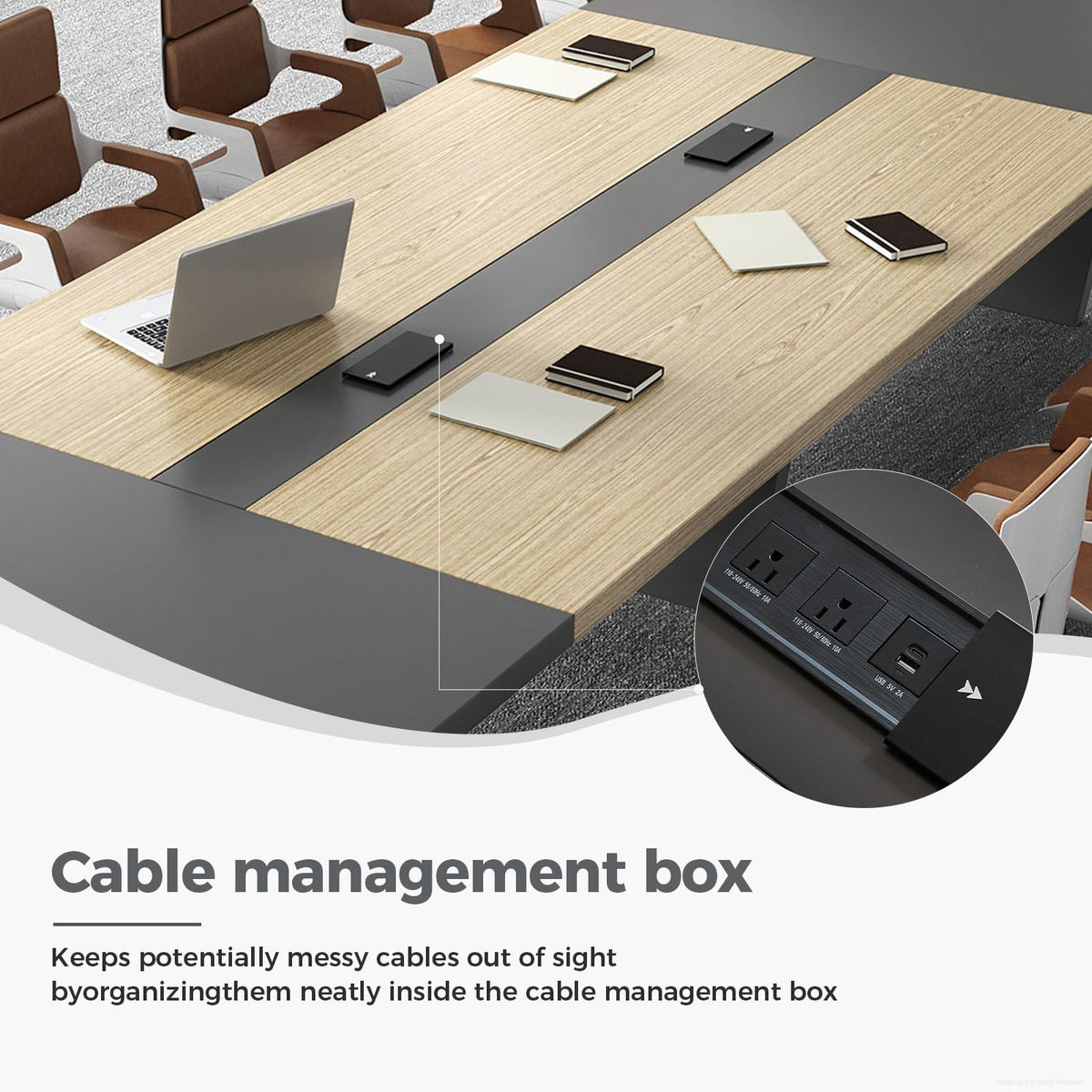 10 ft Conference Table for 10 People, Large Meeting Table with Built-In Power Outlet, Cable Management & 2-Inch Thickened Tabletop, Office Conference Room Table, Oak and Grey, 118"L x 52"W x 30"H
