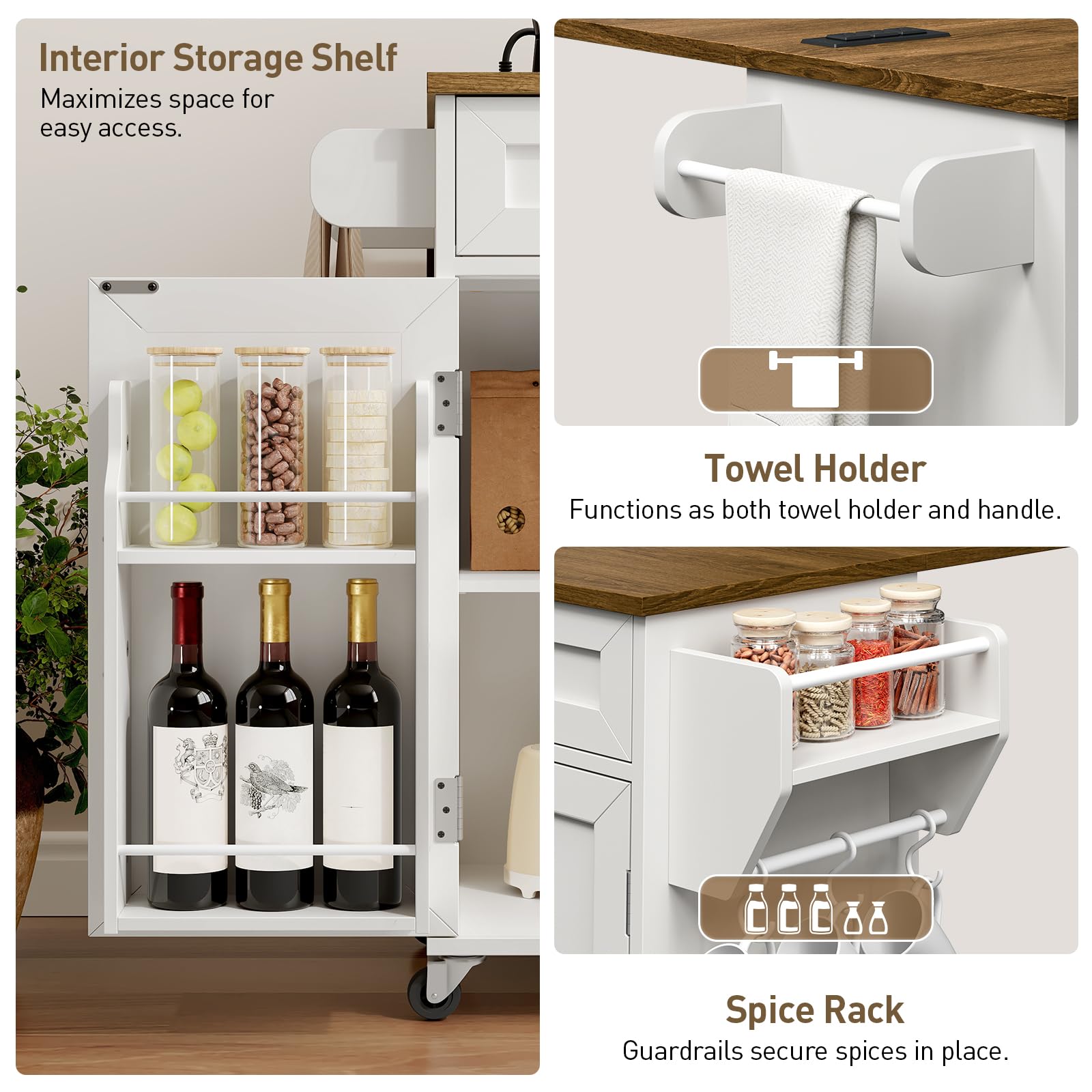 Kitchen Island Cart with Drop Leaf, Power Outlet & Storage