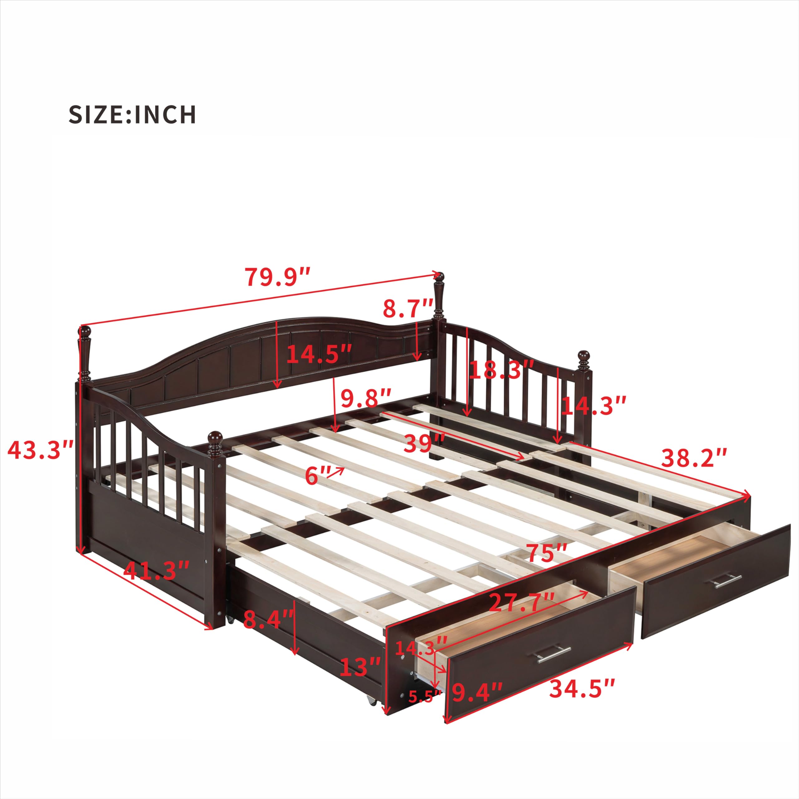 Merax Modern Wood Daybed with Pop Up Trundle Twin to King Extendable Sofa Bed Frame for Kids Teens Adults/No Box Spring Needed Espresso