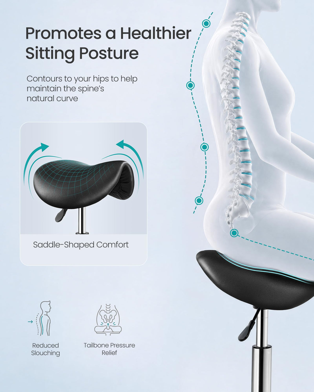SONGMICS Ergonomic Saddle Stool with Wheels, Rolling Stool