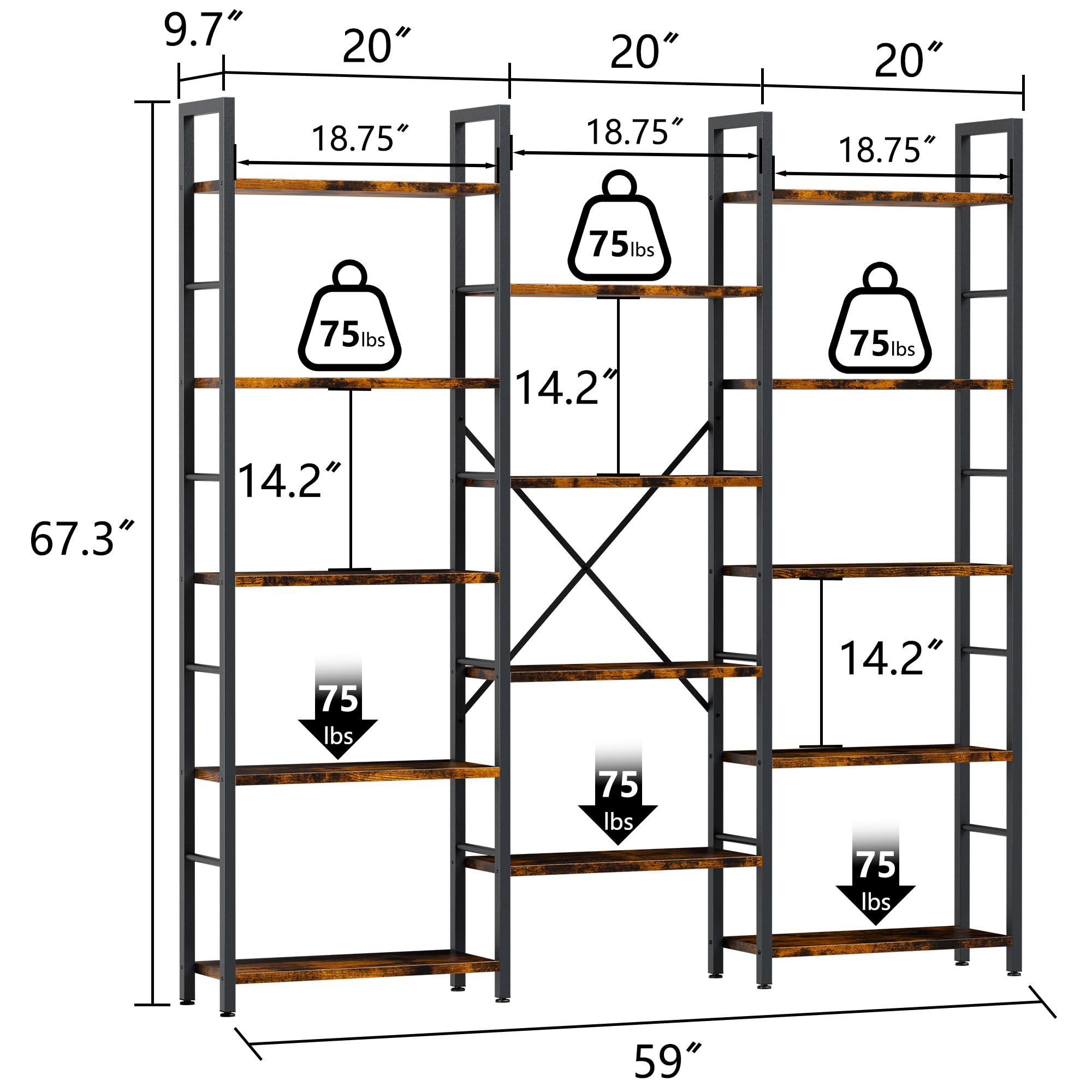Triple Wide 5-Tier Bookshelf with 14 Open Shelves