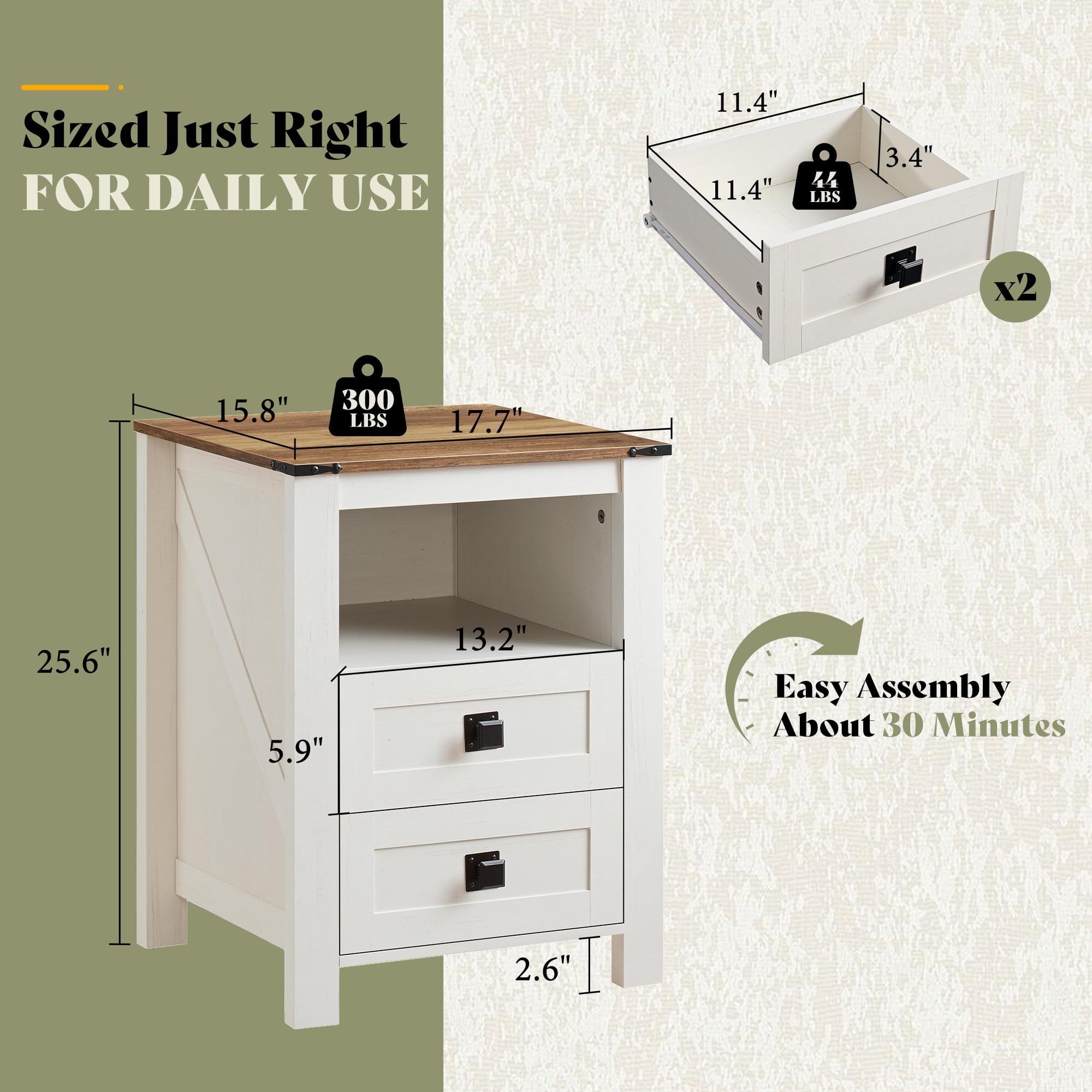Farmhouse Nightstand Set of 2 with Drawers & Open Shelf