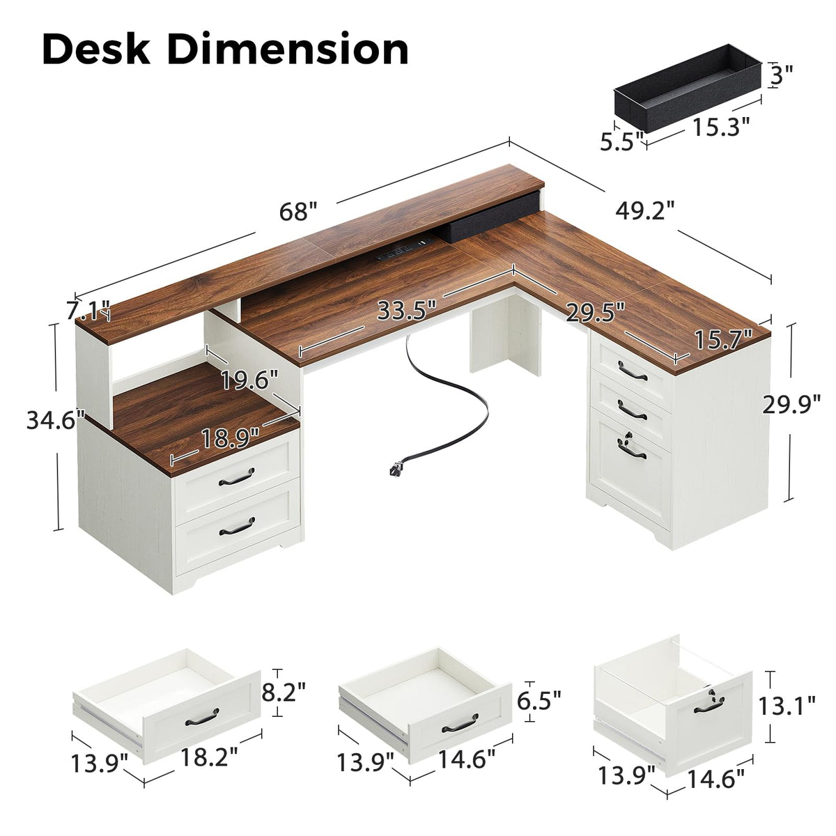 OffiGo Farmhouse 68 Inch L Shaped Executive Desk with Drawers, Walnut+White