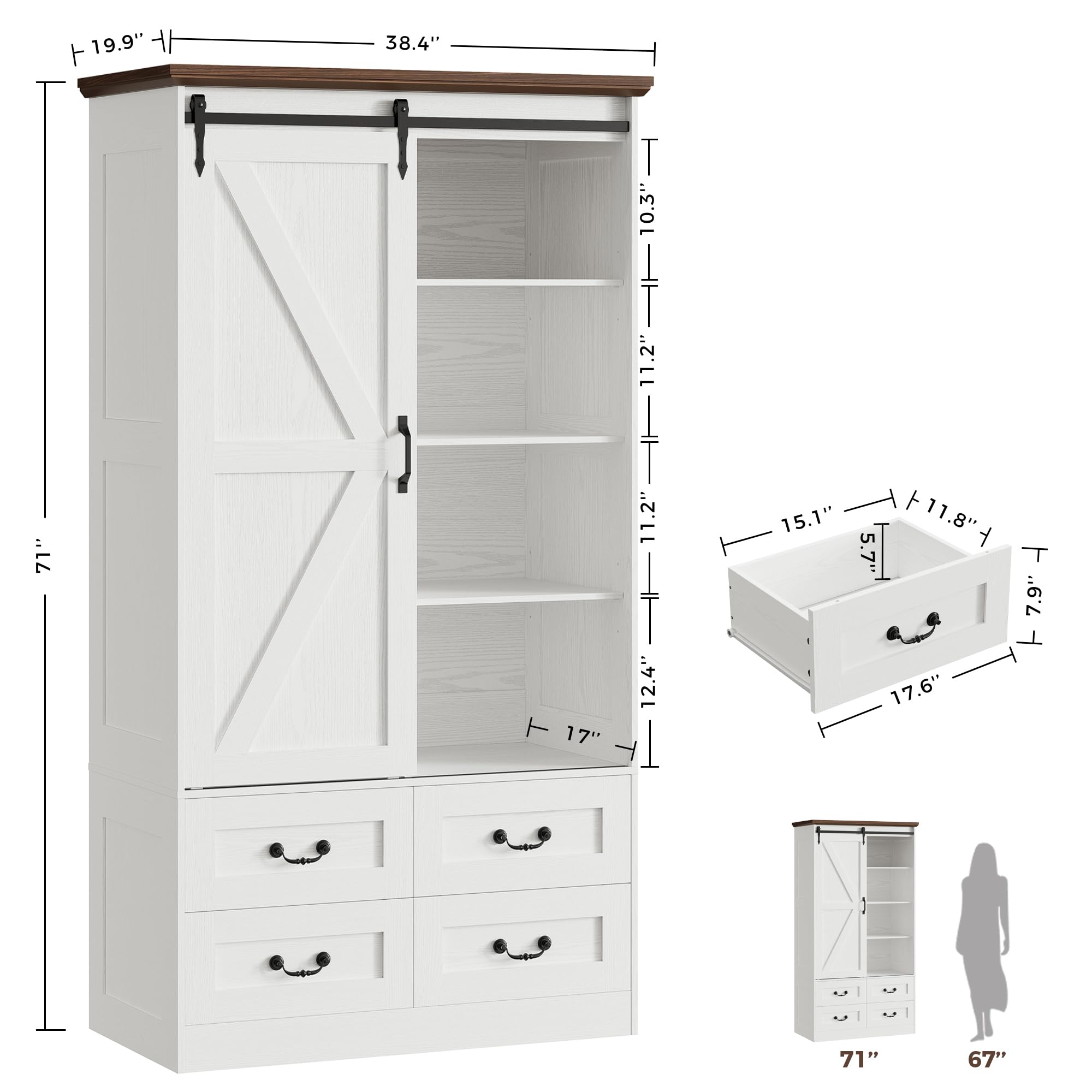 Sliding Barn Door Wardrobe with Drawers & Hanging Rod