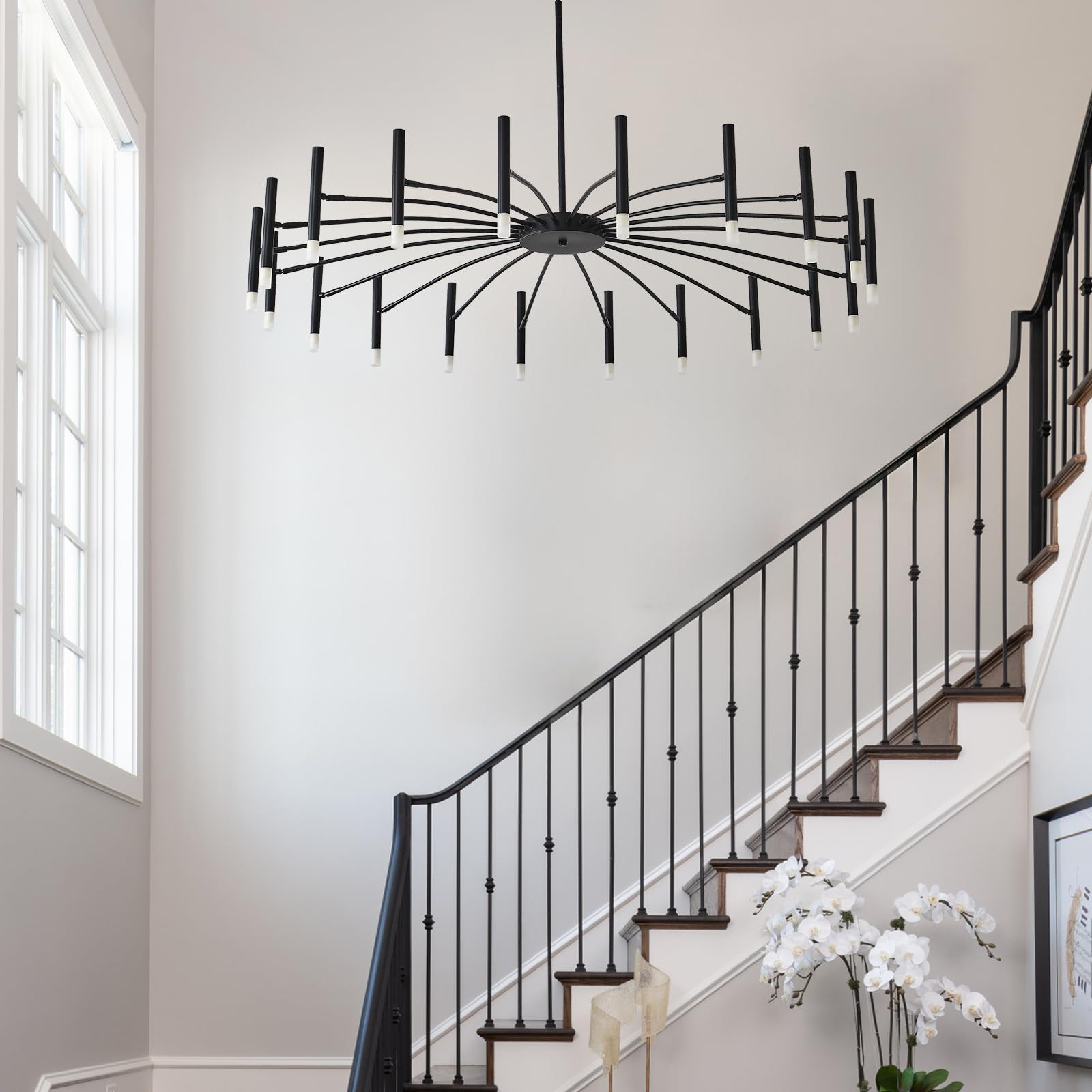 EGM 53 Inch Black Modern Chandelier, 20-Light Mid Century Sputnik Ceiling Light Fixture with G9 Bulbs, Large LED Chandeliers for Bedroom Dining Room, Round Pendant Light for Kitchen Island Foyer