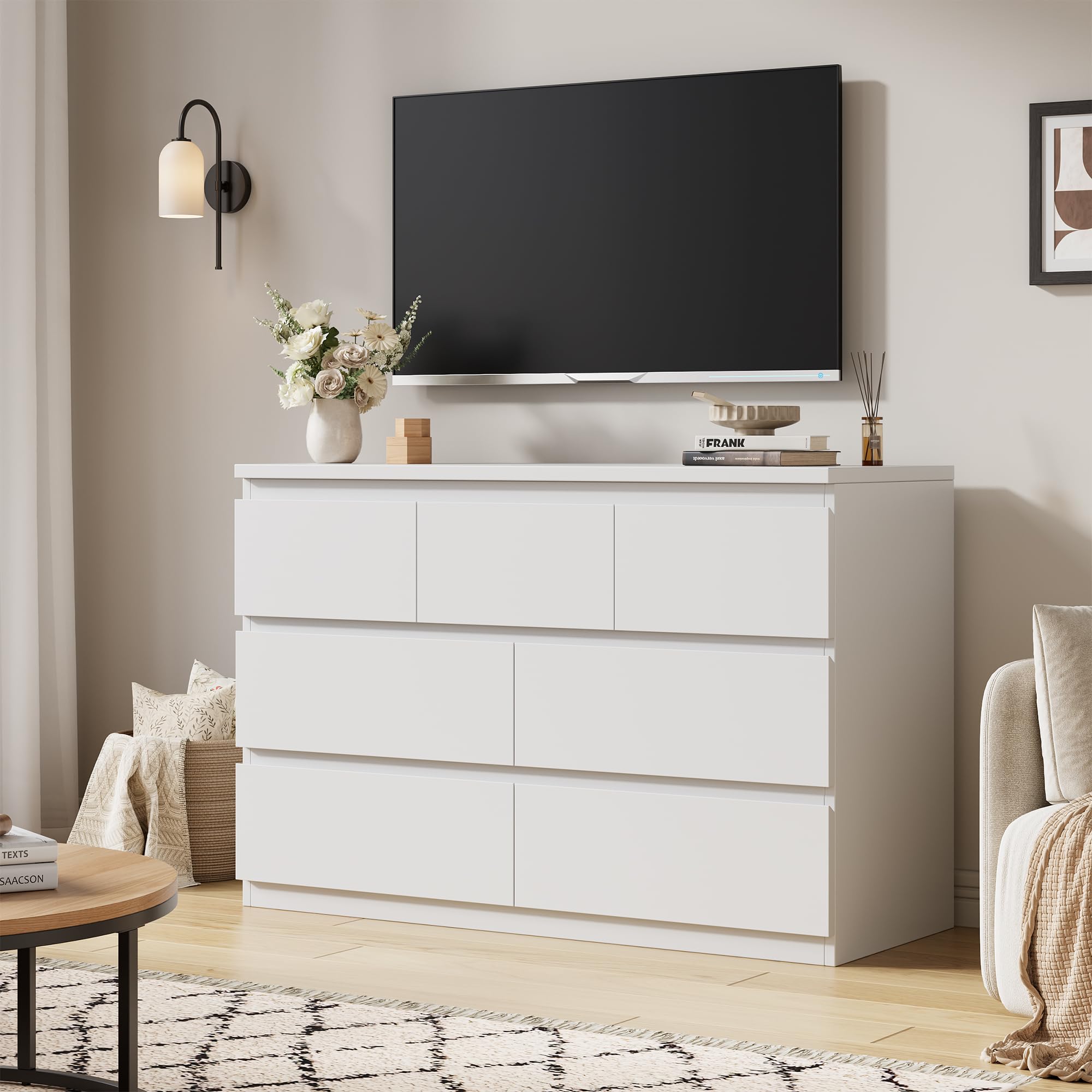 Orgobysol White 7 Drawer Dresser for Bedroom,Modern Wood Chest of Drawers,Closet Clothes Storage Organizer with Deep Drawers for Living Room Hallway Entryway,Nursery (15.3" D x 47.2" W x 32.3" H)