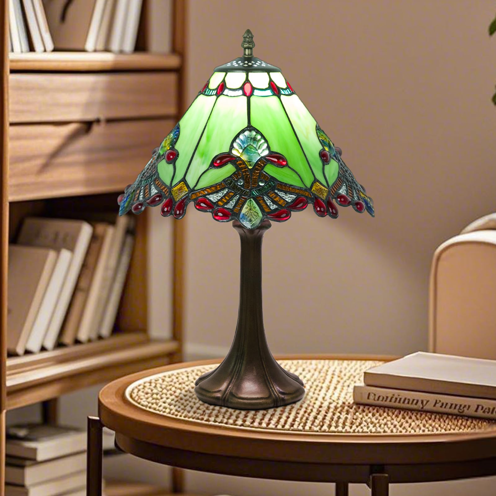 JHuiLap 12 Inch Tiffany Style Table Lamp, Baroque Stained Glass Lamp with Remote Control, Stepless Dimmable & 3 Color Temperatures, Desk Lamps for Bedroom Farmhouse Bedside Nightstand Bedside（Green