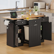 ONBRILL Kitchen Islands with Movable Wood Cutting Board & Trash Can, Black