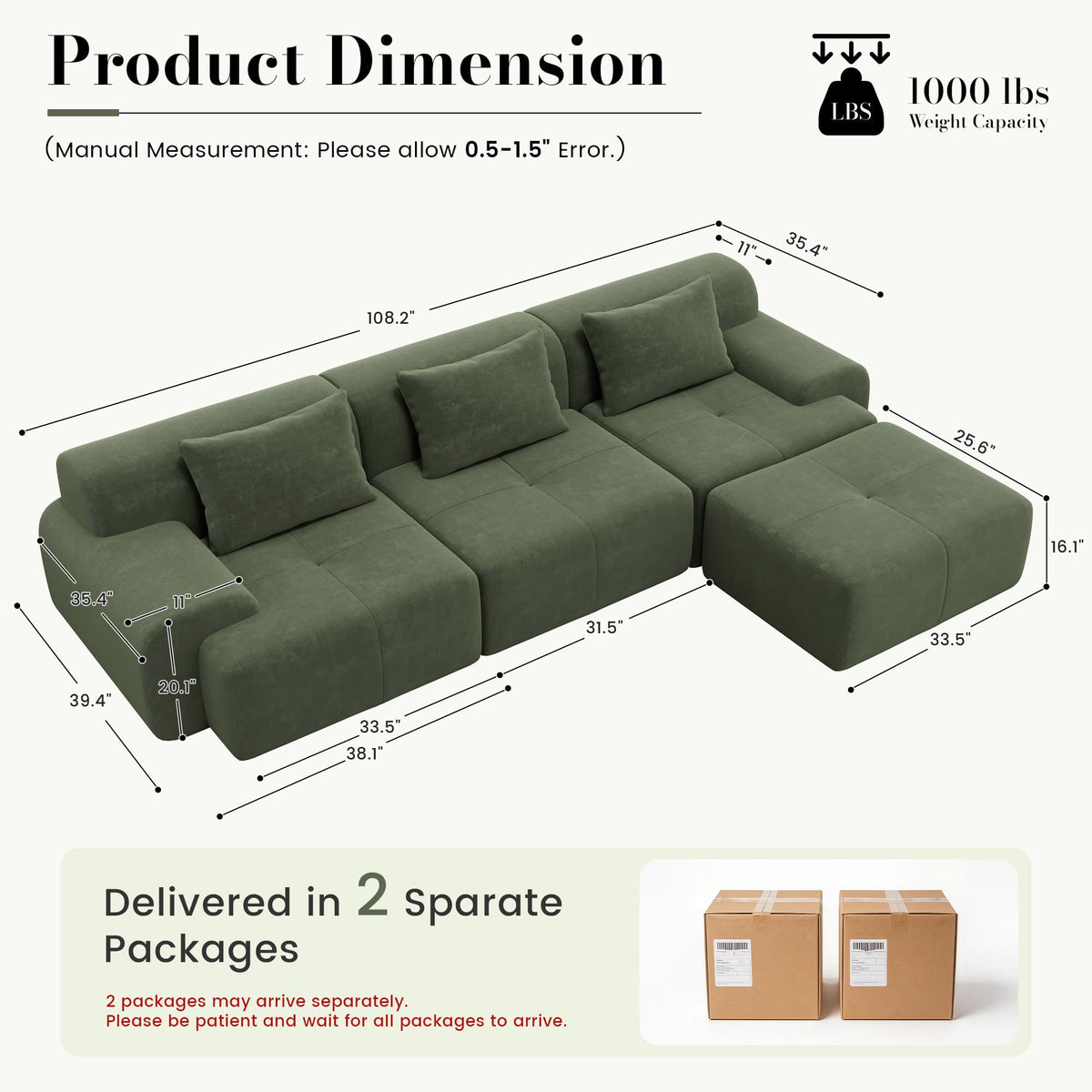 GRUSIGN 108'' Modular Boneless Sofa,Sectional Couch for Living Room