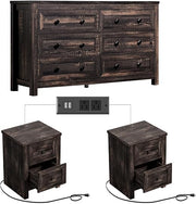 3-Piece Farmhouse Bedroom Set – 6-Drawer Dresser & 2 Nightstands with Charging Station