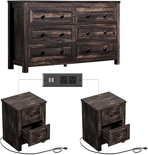 3-Piece Farmhouse Bedroom Set – 6-Drawer Dresser & 2 Nightstands with Charging Station