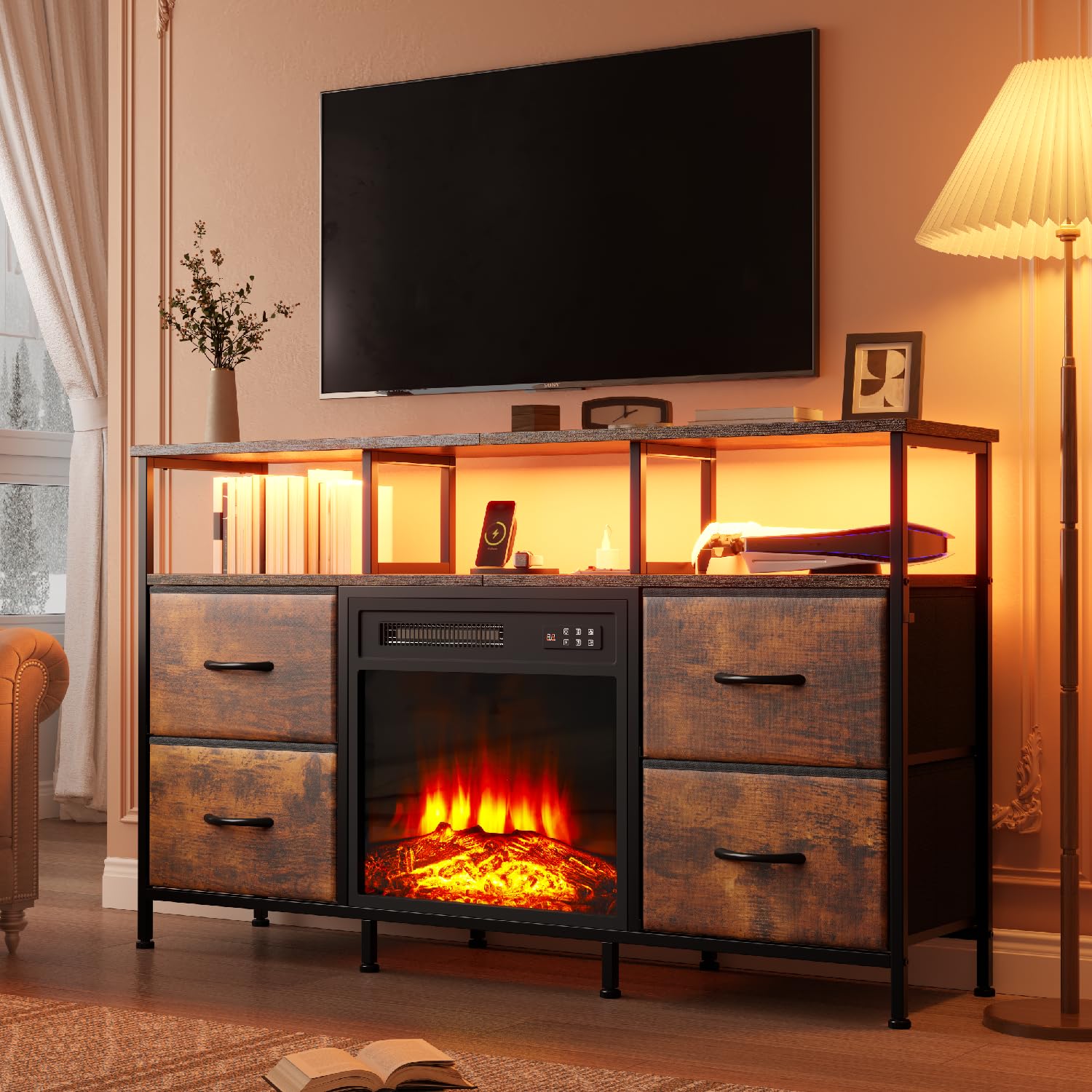 Fireplace TV Stand with Drawers & LED Lights