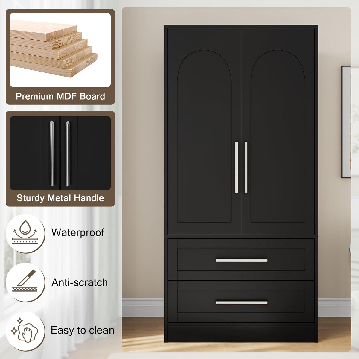 Black Wood Wardrobe with Drawers
