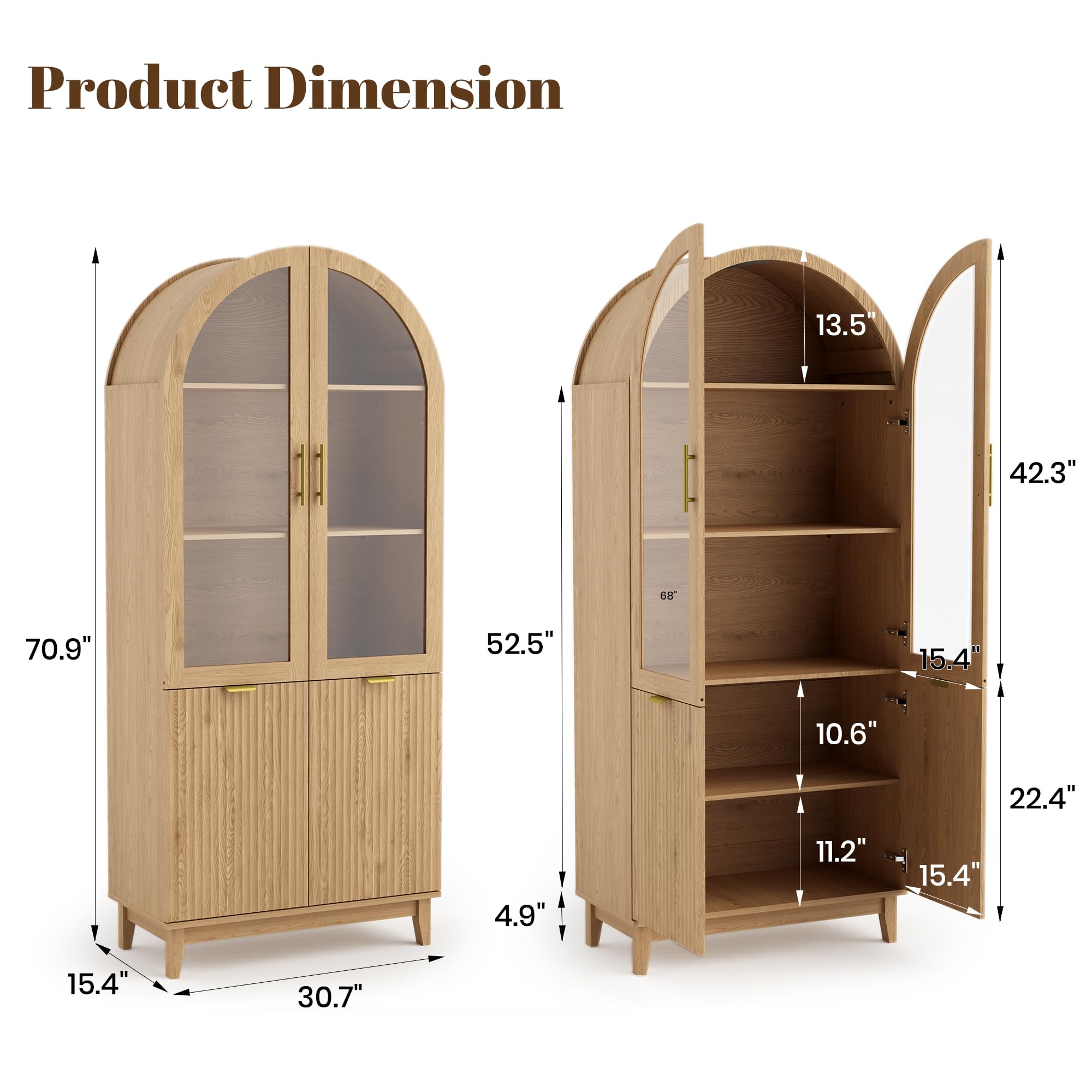 Arched Glass Door Pantry Cabinet with Fluted Detail