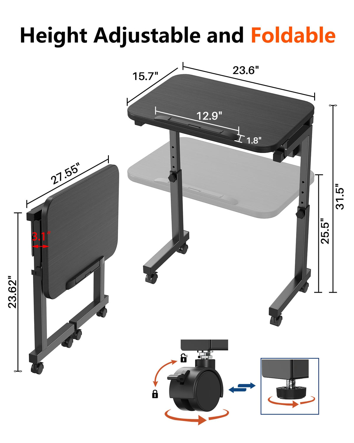 Forjarn Folding TV Tray Table with Wheels, Sturdy TV Dinner Tray for Couch
