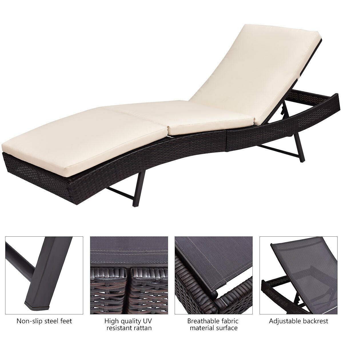 Tangkula Patio Reclining Chaise Lounge, Outdoor Beach Pool Yard Porch Wicker Rattan Adjustable Backrest Lounger Chair