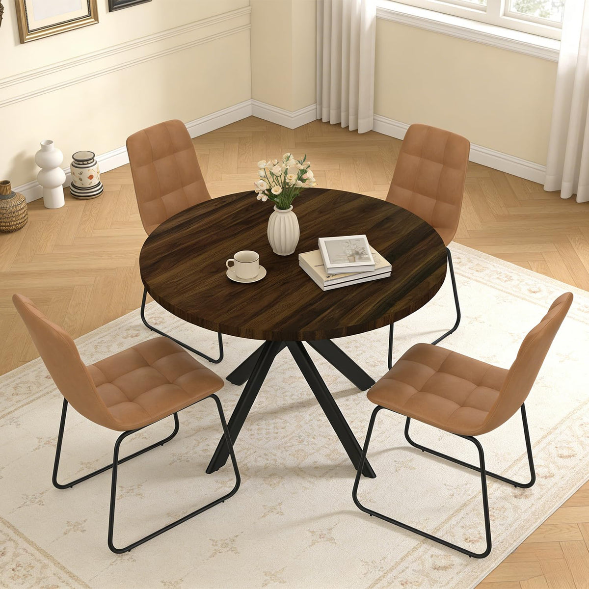 domusdisn 44" Round Dining Table Set for 4, Modern X-Shaped Metal Leg Table