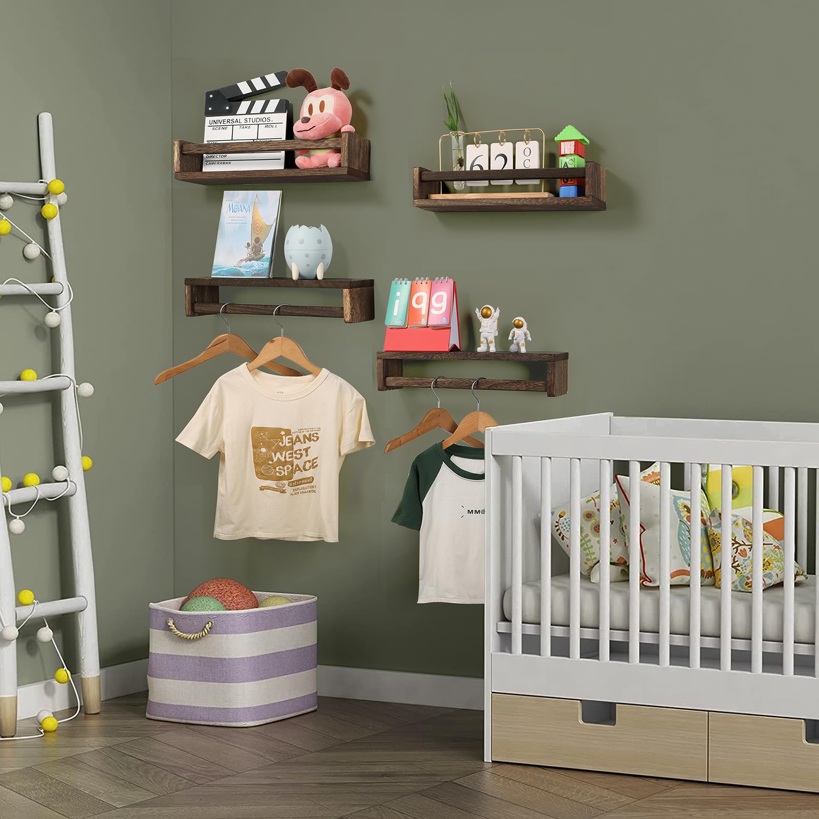 DUICIRX Nursery Room Shelves Set of 4, Wood Floating Book Shelves for Kids Room, Baby Book Shelf for Nursery, Kitchen Spice Rack (Carbonized Brown)