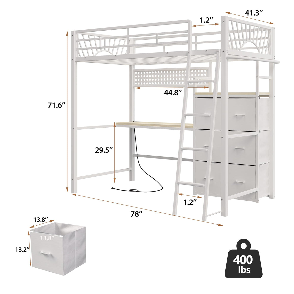 Decofy Twin Loft Bed with Desk and 6 Storage Drawers, Metal Twin Size Loft Beds with Charging Station & LED Lights, Bed Frame with Hanging Rod, Safety Ladder & Guardrail, Bedside Caddy for Kids, Teens