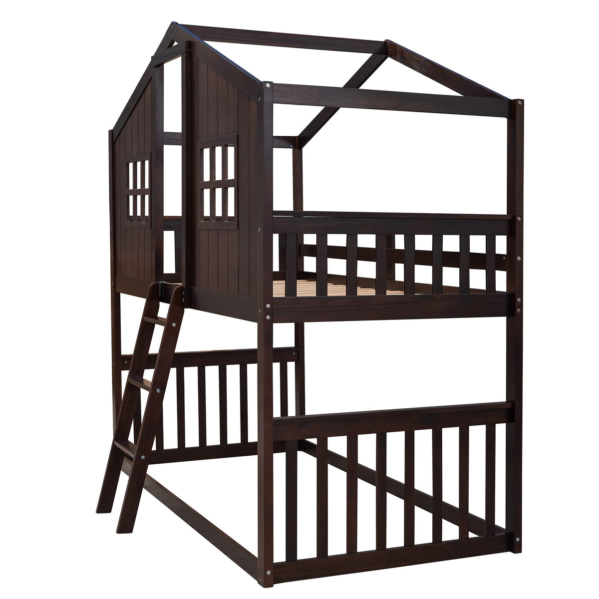 House Bunk Bed Twin Over Twin with Roof and Window for Kids Teens, Espresso