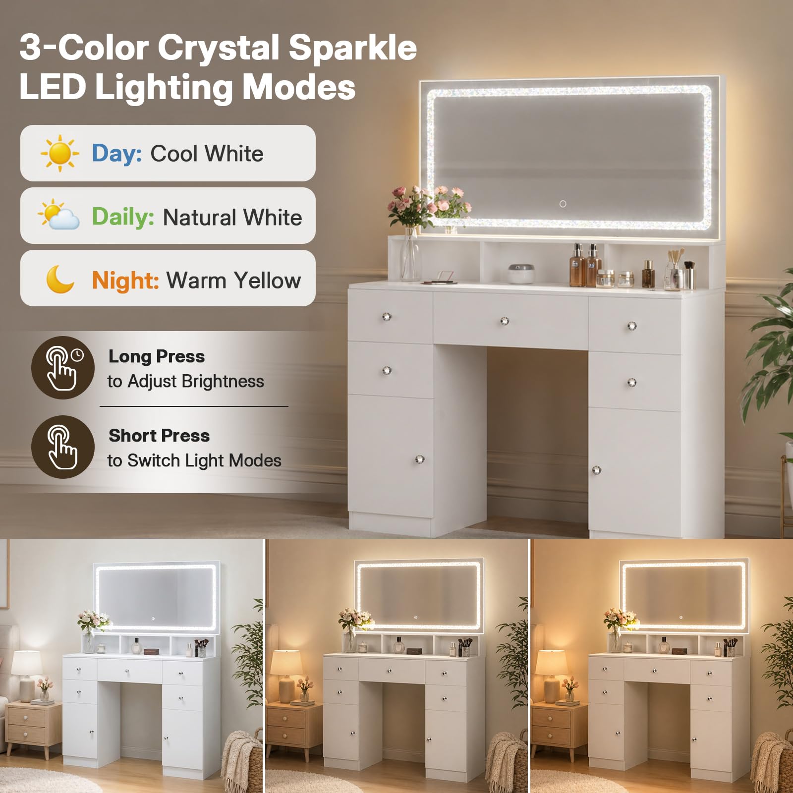 ZIMASYA Makeup Vanitys with Extra Large Mirror & Lights,45" Vanity Desk with 2 Side Shelves & Adjustable Brightness 3 Color Crystal Sparkle LED,Charging Station,26 Storage Areas for Girls Women White