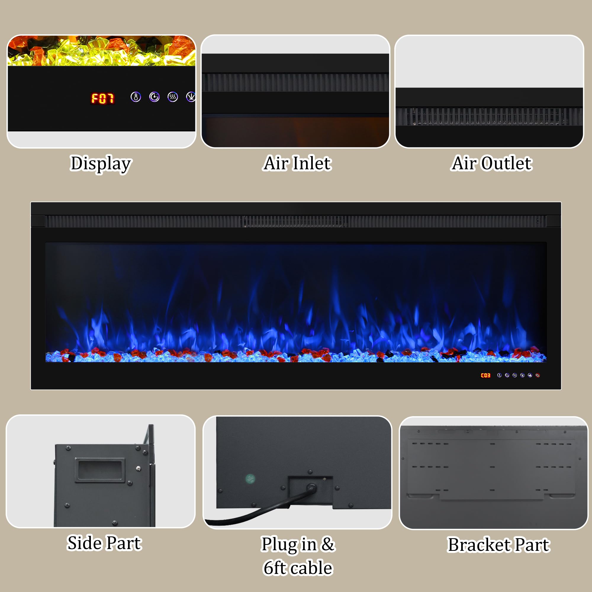 Oxhark Flame 50 Inch Smart Electric Fireplace Insert with Heater, Recessed or Wall Mounted, Remote and App Control, 9H Timer, Adjustable Realistic Flame Effects, 1500W Heater