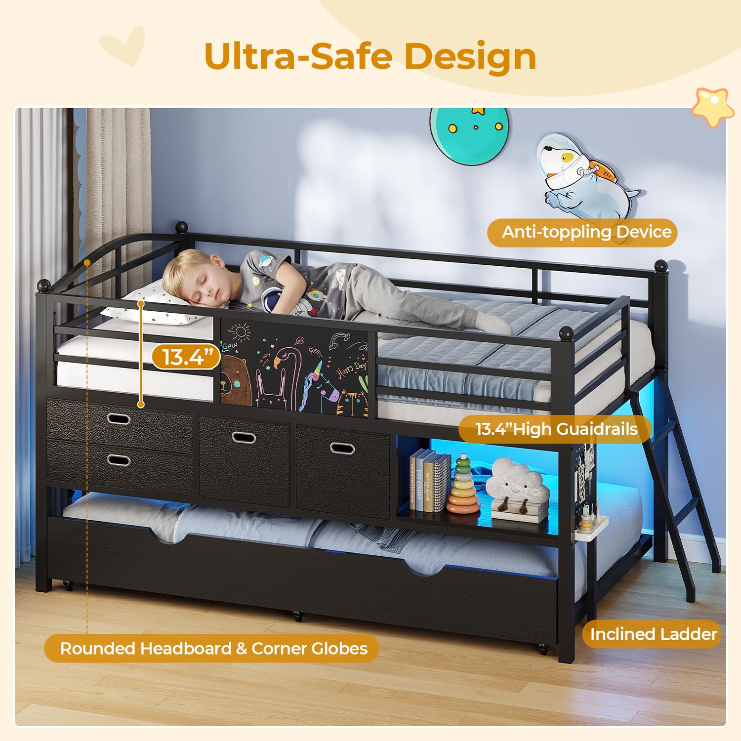 ADORNEVE Low Loft Bed Twin Size with Trundle & LED Lights, Kids Loft Bed with 4 Storage Drawers & Open Cubbies & DIY Pegboard, Twin Loft Bed with Safety Guardrail,Under-Bed Play Zone, Black