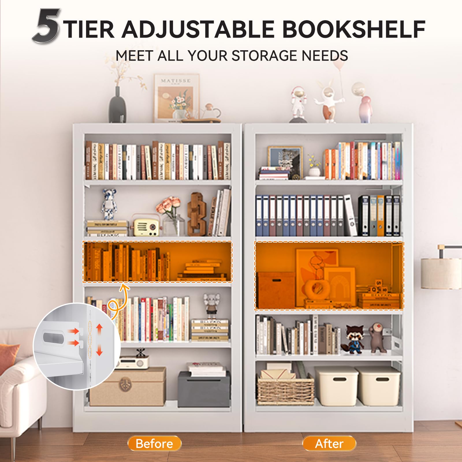 CRPDY 71" Tall Bookshelf 5 Tier Metal Bookshelf with Adjustable Storage Shelves Library Bookcase Heavy Duty Book Shelf with Book Stopper for Living Room, Library, Office, Bedroom, School