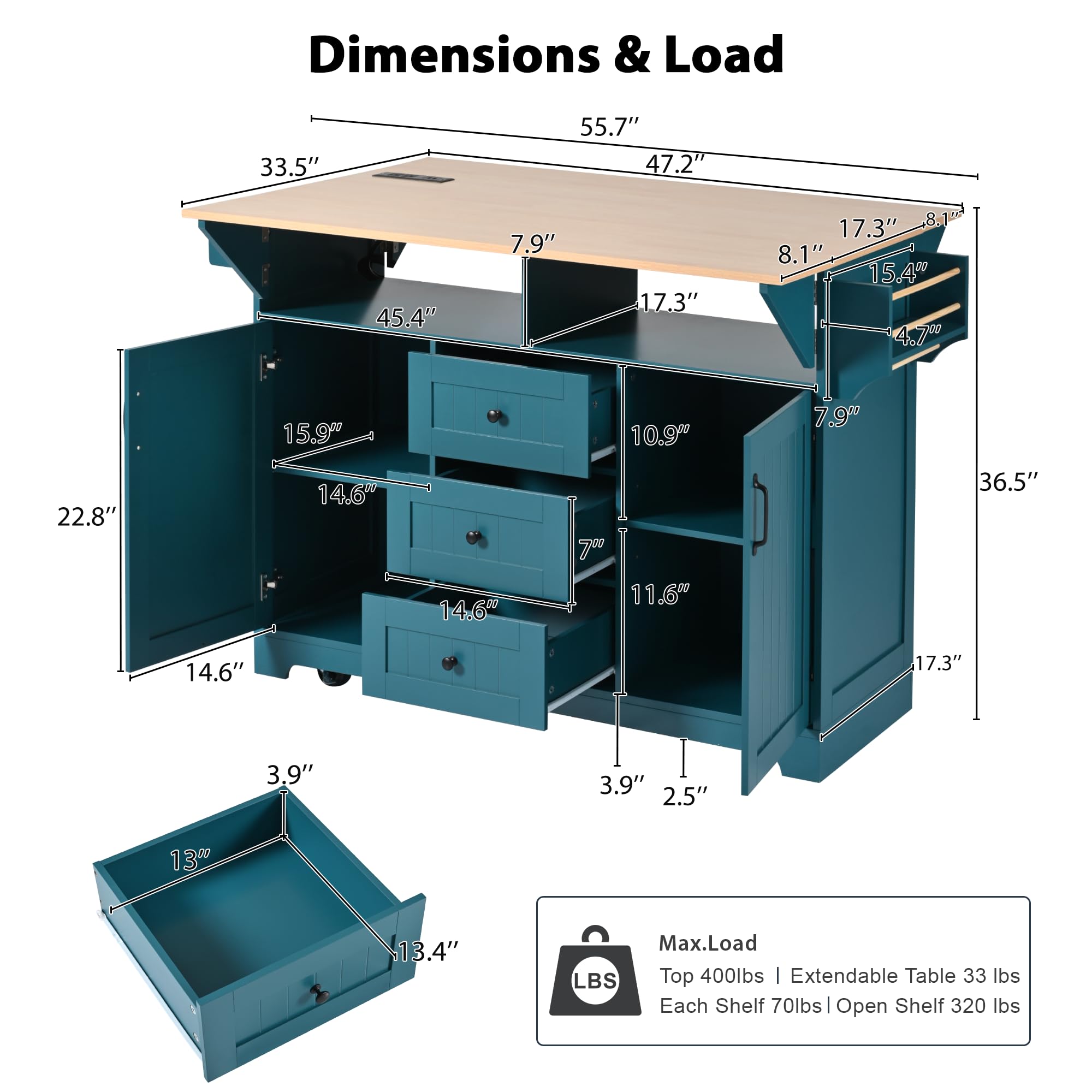 Kitchen Island Cart with Drop Leaf & Power Outlets