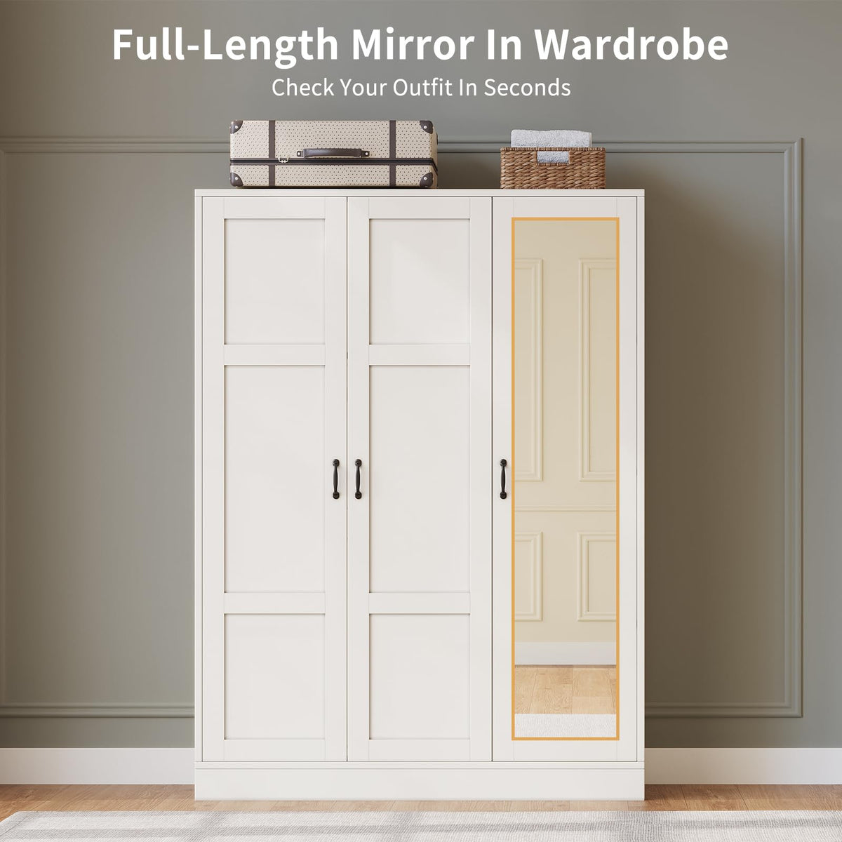 Cozynome 65" Tall Armoire Wardrobe Closet with Full Length Acrylic Mirror & Adjustable Shelves, 3-Door Closet Wardrobe Cabinet with Hanging Rod, Wooden Storage Cabinet for Bedroom, White