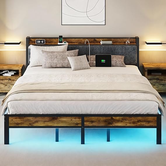 Bed Frame with LED Lights & Charging Station