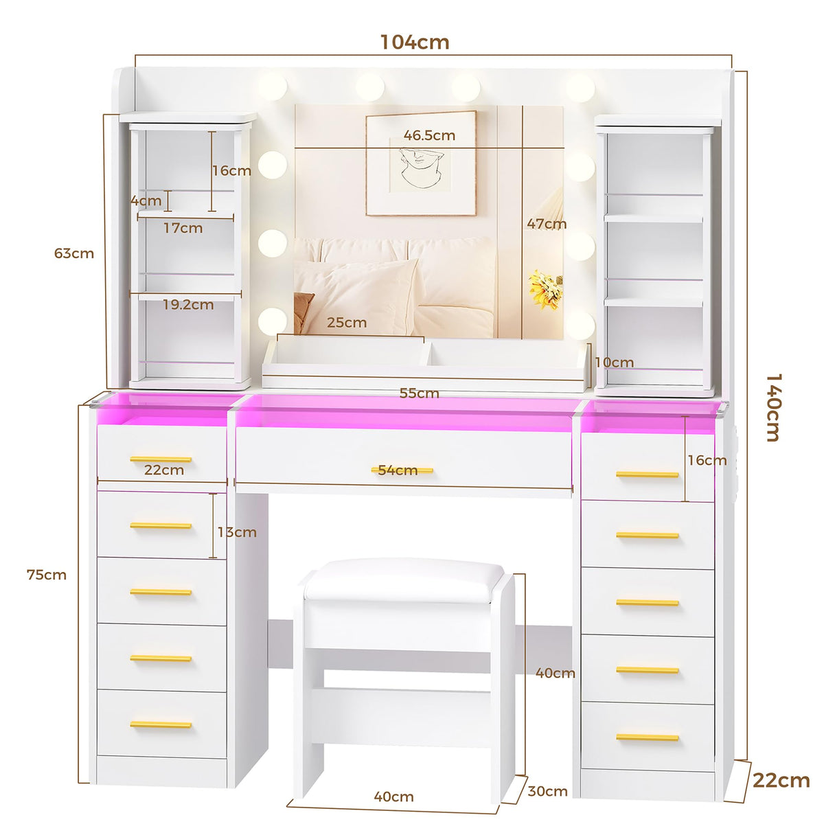 YUNSCEND Makeup Vanity Desk with Mirror and Lights, 360° Rotating Organizer